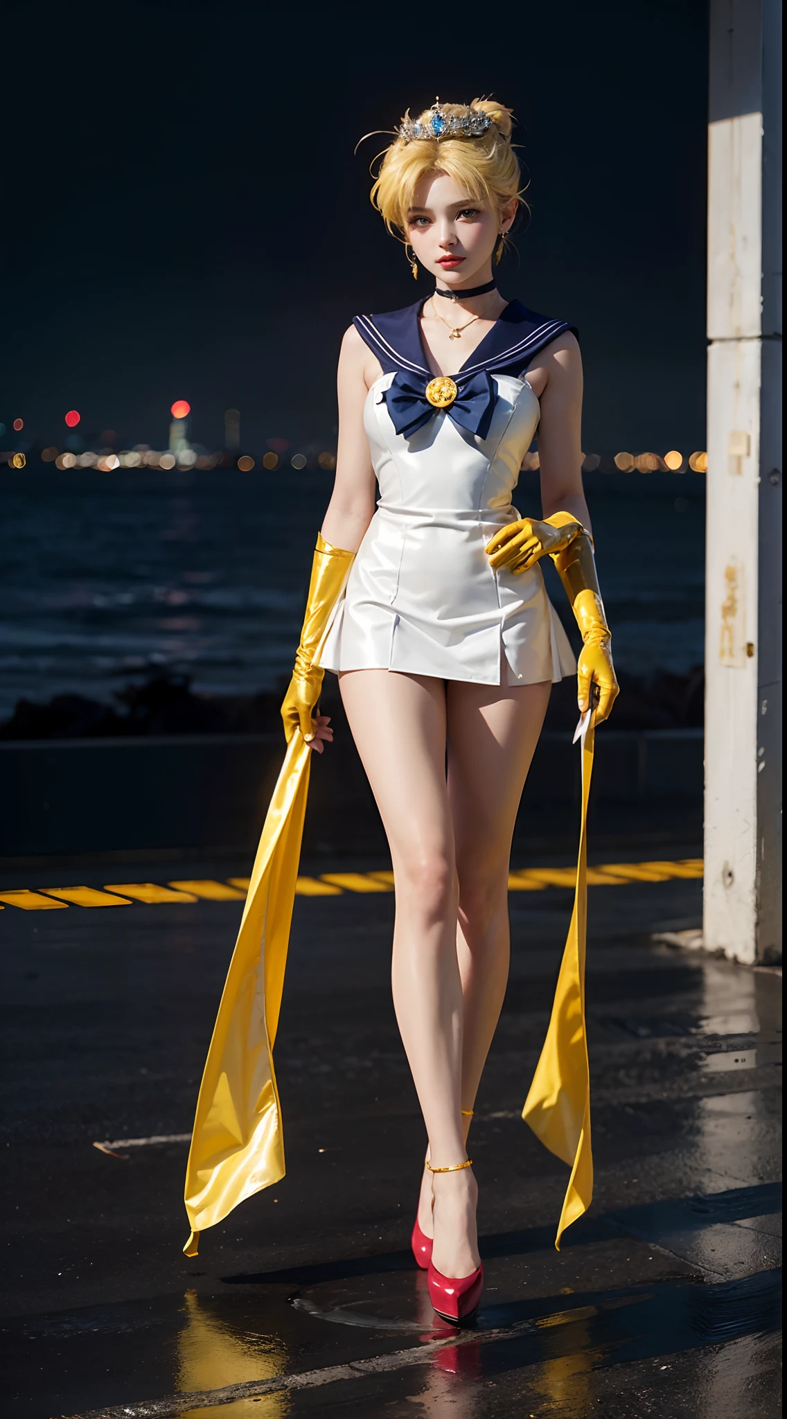 ((masterpiece:1.4)、(top-quality:1.4)、(reallistic:1.7))、masuter piece:1.4、a beauty girl、(Sailor Moon:1.4)、Tsukino Usagi、Body Fit Sexy Sailor Senshi Uniform、(latex shiny)、(The jacket is a white sleeveless sailor suit)、(Skirt is blue sexy ultra ultra mini skirt)、The collar of the sailor suit is blue with two thin lines.、high leg swimsuit、Red cloth ornament at chest、(Wearing white gloves)、Kawaii Girl、Super beauty、foco nítido、Portrait photos、Full body shooting:1.4、beautiful countenance、beautidful eyes、Narrow waist、(Yellow hair:1.4)、(length hair:1.2)、Raw photo、red-lips、Red high heels:1.4、a choker:1.4、a necklace:1.4、耳Nipple Ring:1.4、Luxurious golden tiara on forehead:1.4、1 screen display、The landscape is a futuristic city spaceport