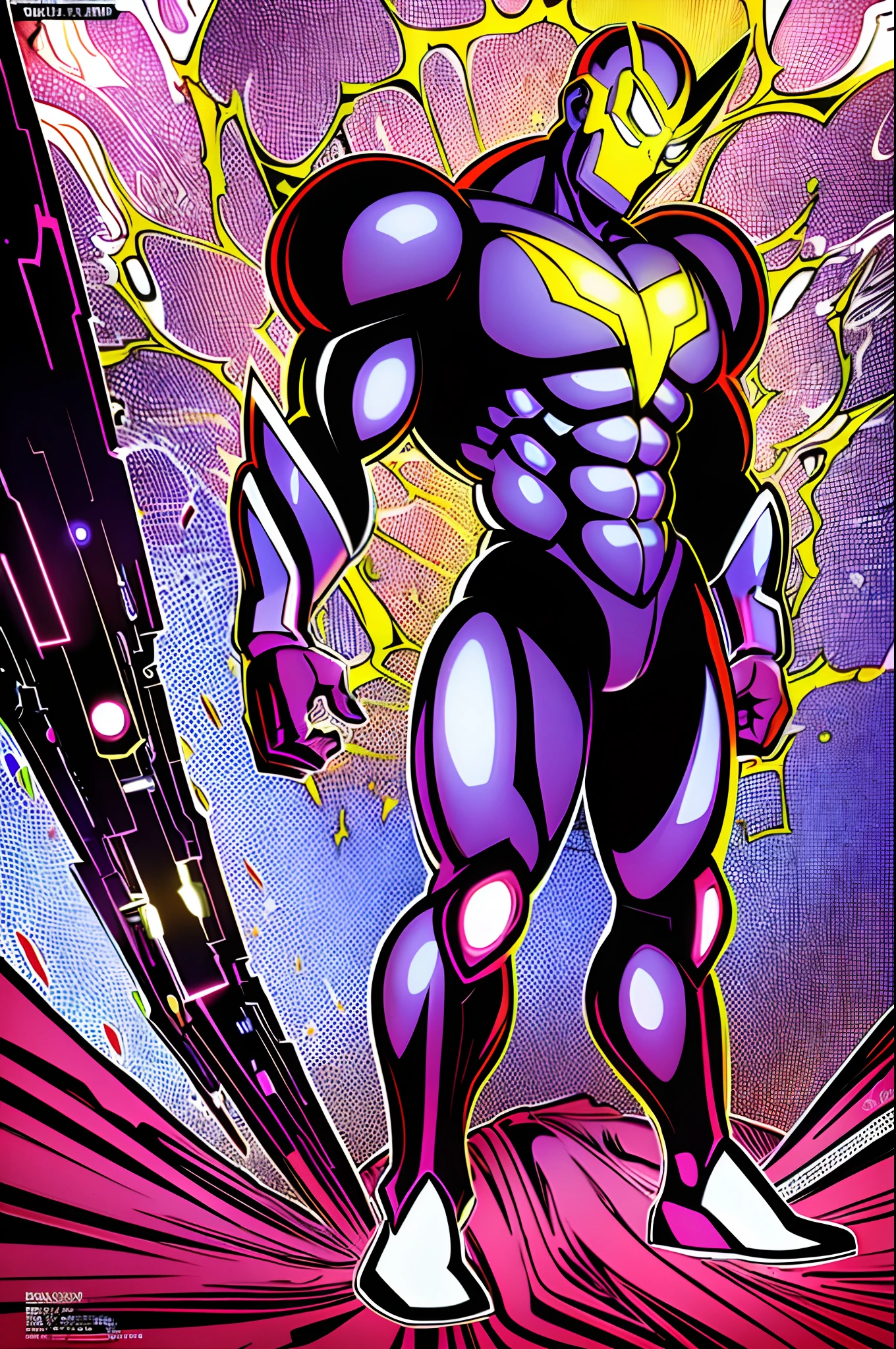 weird edgy superhero, standing, solo, full body, dark, mysterious, surreal, powerful, dramatic lighting, intense colors, comic book style, 60s