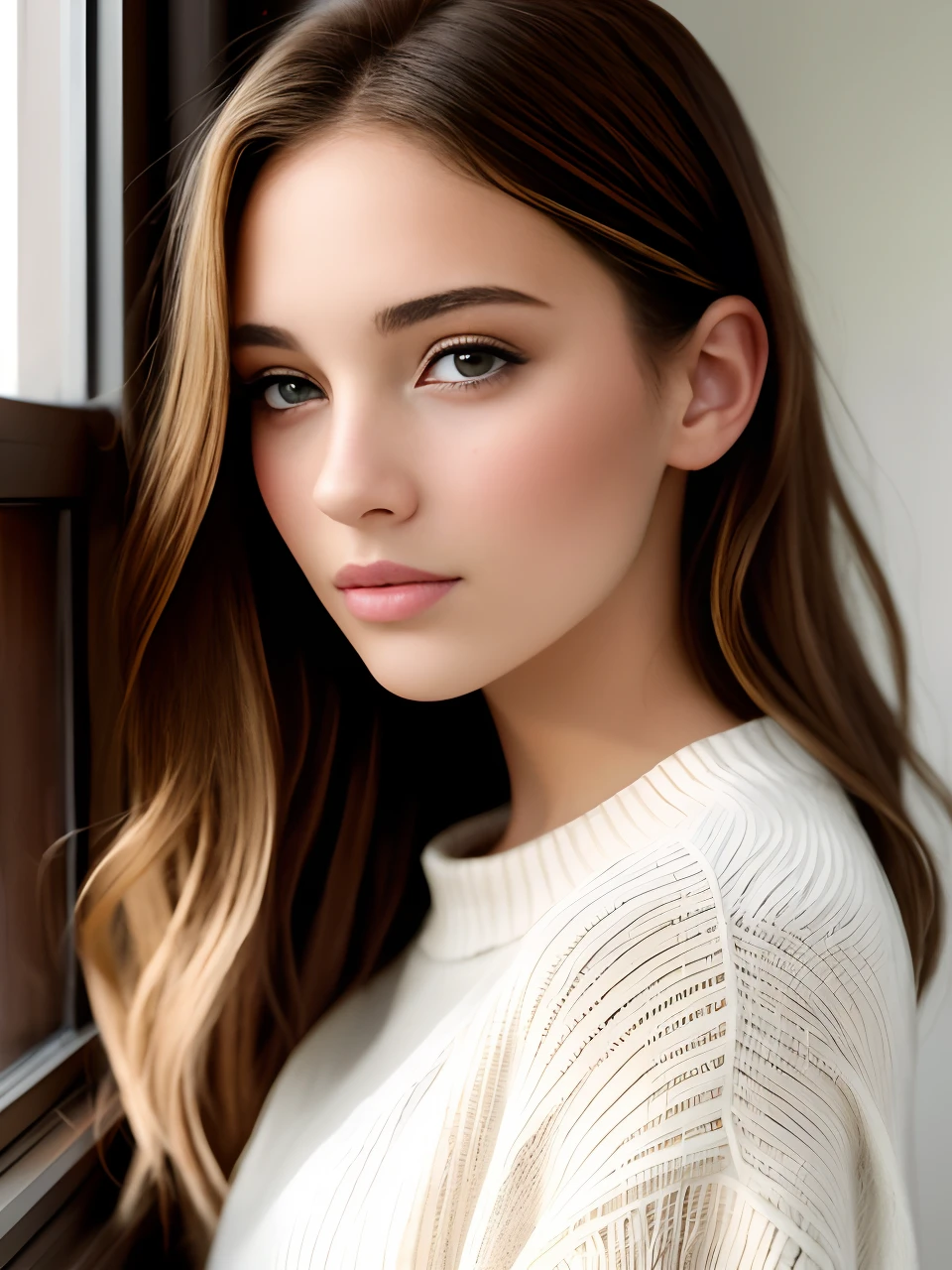 Close-up of a long-haired woman looking out a window, magnifique jeune mannequin, Portrait Sophie Mudd, portrait of a beautiful model, belle jeune fille, Mignonne jeune femme, fille aux cheveux bruns, Belle image portrait, Magnifique portrait, beautiful female model, Une belle jeune femme, Very beautiful young woman, belle jeune femme, photo of a beautiful woman