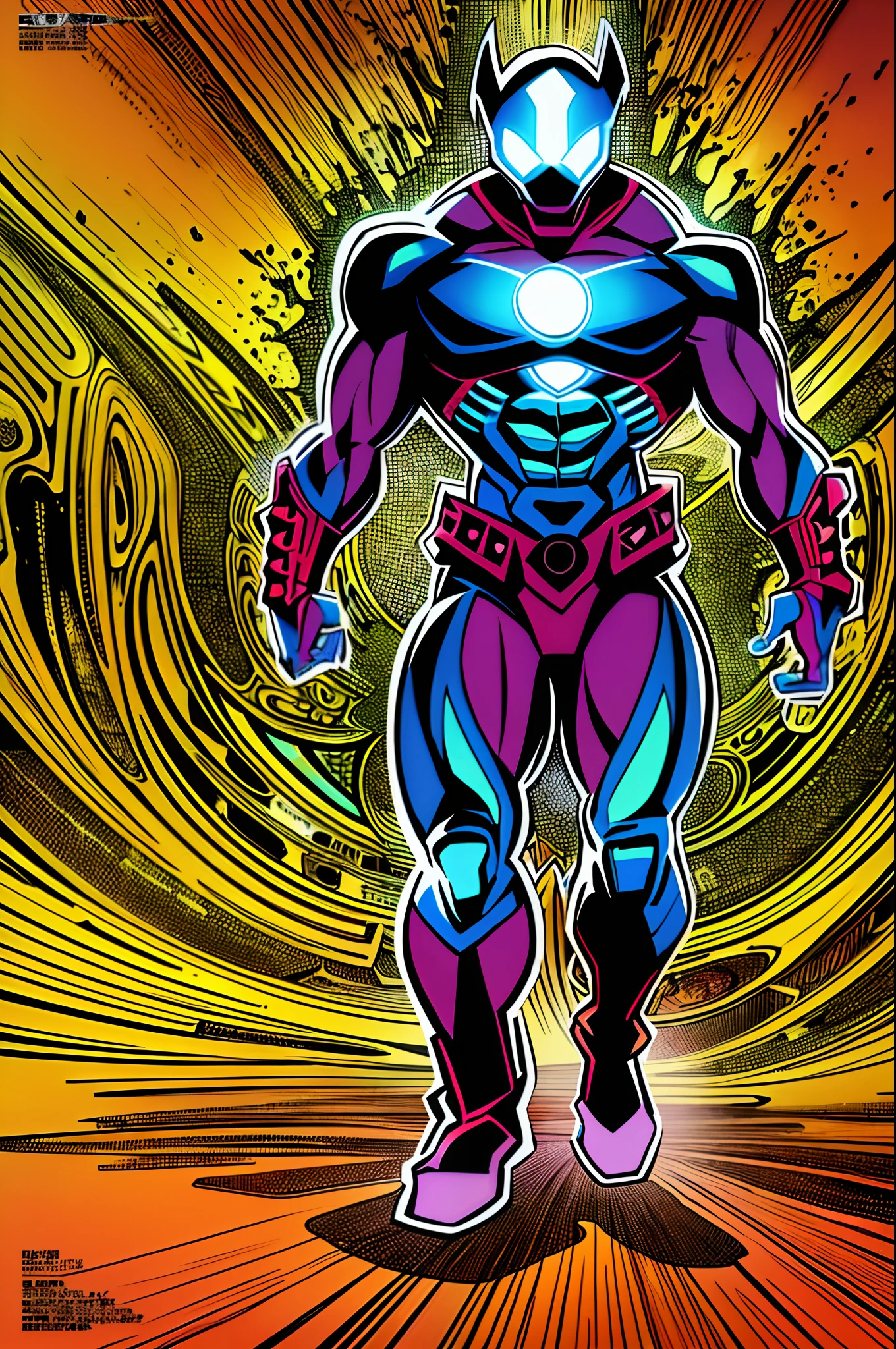 weird edgy superhero, standing, solo, full body, dark, mysterious, surreal, powerful, dramatic lighting, intense colors, comic book style, 60s