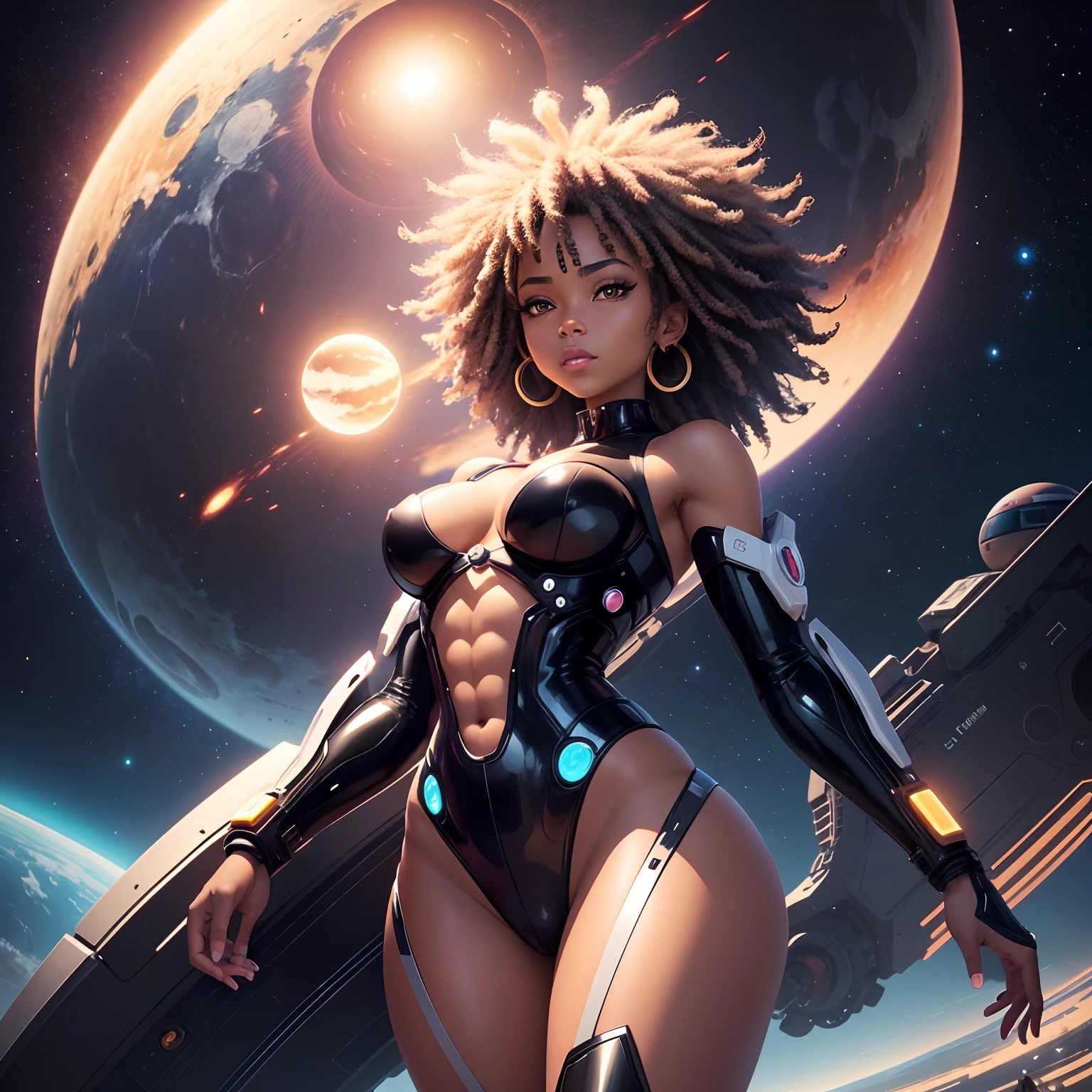African american woman, styalized anime art style, mature art style, beautiful hentai art, with planets in the back drop, anime line art, anime eyes and eye lashes, light skinned african american woman. she is on a different planet, the scene should be cinematic, landscape in the background and foreground. realistic body proportions, tight body, gorgeous woman, space cityscape , beautiful manga art, black woman, dark skinned woman, afro futurism, black woman android