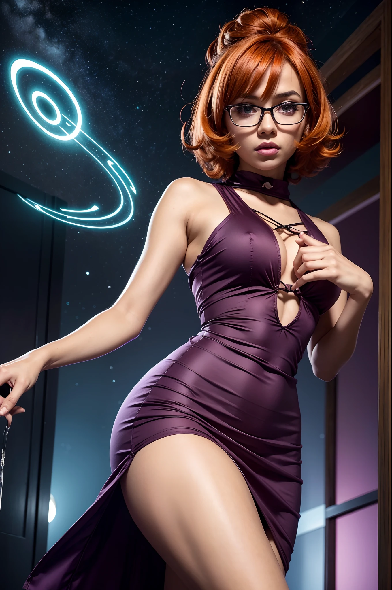 a sexy cute girl wear glasses, overhead angle of a Will-o'-the-wisp, wearing Funny Somali Emerald deep orange Pinafore, Caramel hair styled as Short hair, fluorescent purple Hair tie, equirectangular 360, Highres, unity 8k wallpaper, ultra detailed, aesthetic, masterpiece, best quality, photorealistic