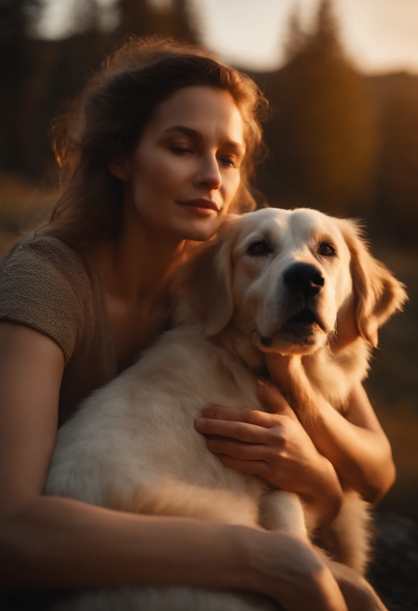 famille, montagne, Realstic, detailded, coucher de soleil, beautiful woman, chien