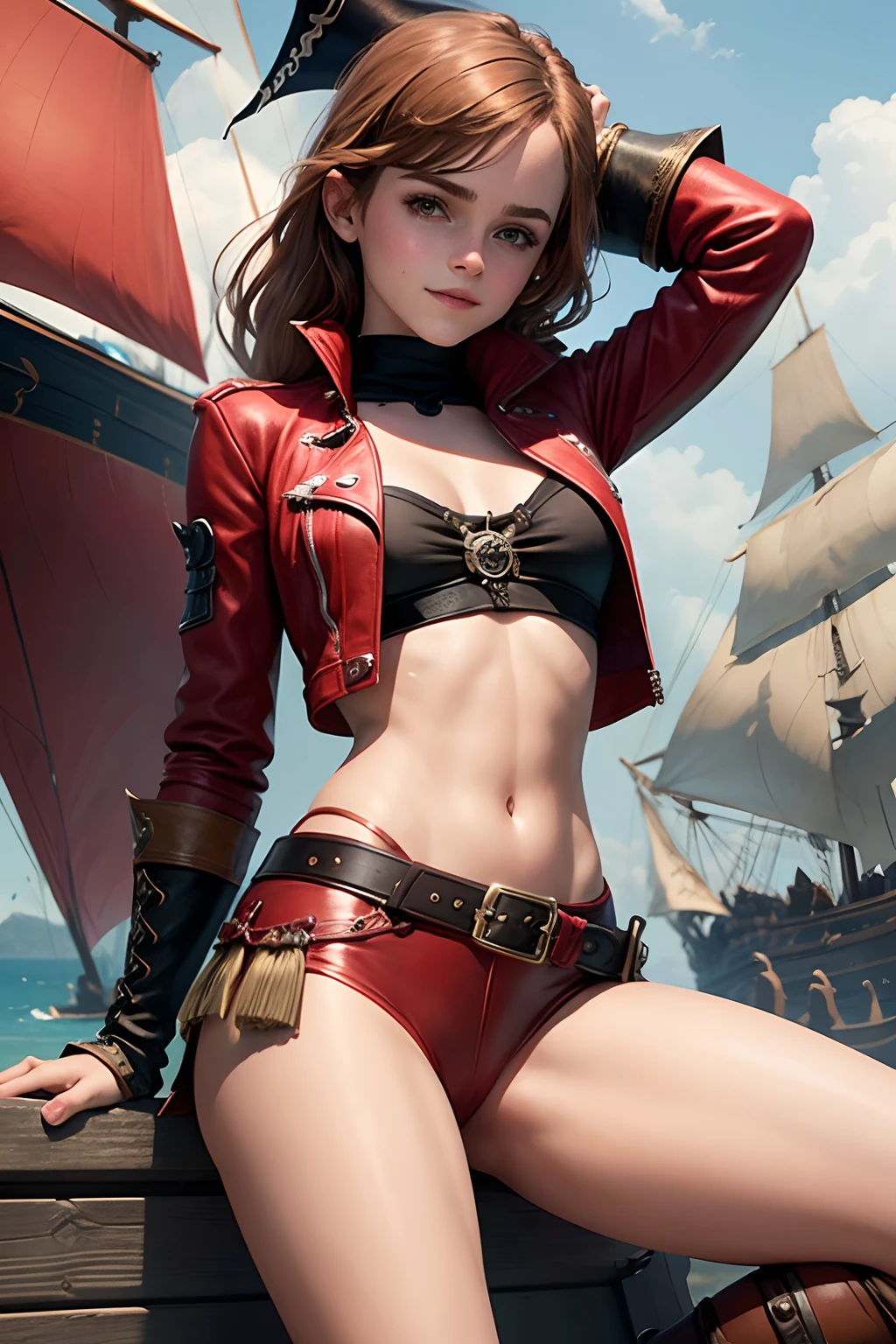 emma watson as a sexy pirate girl sitting on a fence. tight intricate red leather pirate costume. crop top. slender body. background pirate ship.