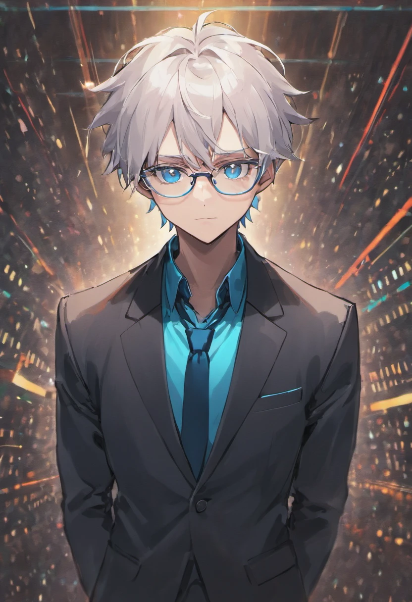 White-haired male anime character wearing blue-eyed glasses wearing the black suit
