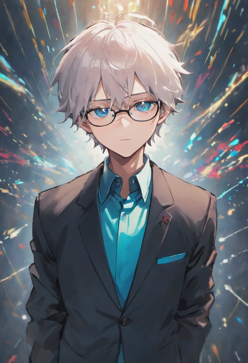 White-haired male anime character wearing blue-eyed glasses wearing the black suit