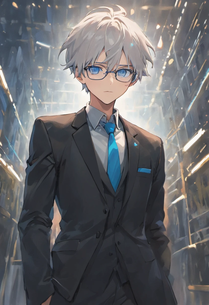 White-haired male anime character wearing blue-eyed glasses wearing the black suit