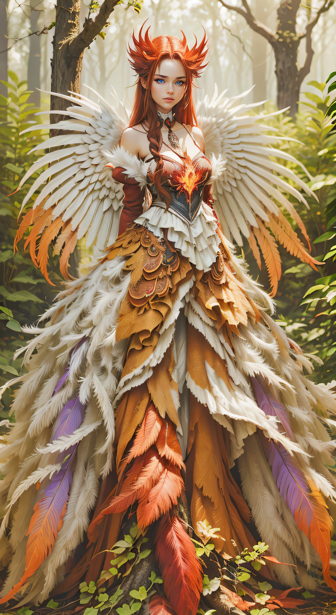 A Mystical fire dark red phoenix with large fire feathers Within a Forest with a fire Tree in the background