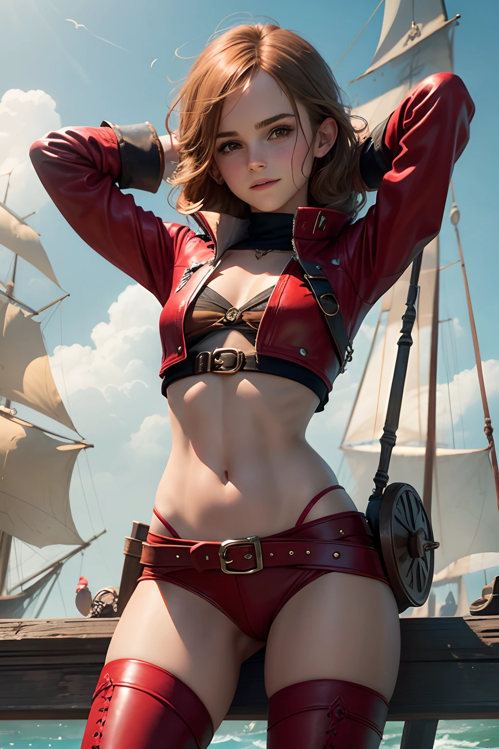 teen Emma Watson as a sexy pirate girl sitting on a fence. tight intricate red leather pirate costume. sexy smile. crop top. slender body. background pirate ship.
