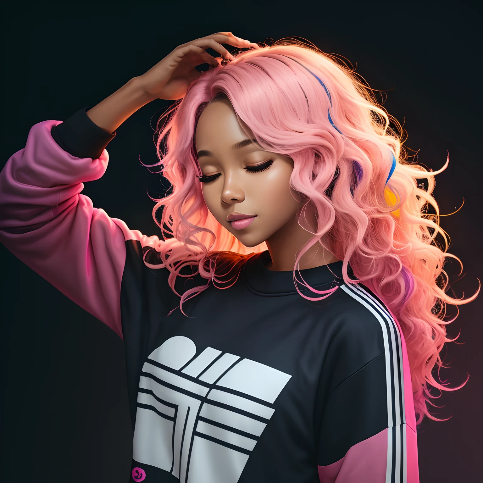 girl, colorful hair, wavy hair, anime style, digital art, happy, eyes lightly closed, hands up, light pink sweatshirt with Neymar Jr print, dark skin female, vibrant colors, soft lighting, Black K-pop style girl posing for a professional photo shoot hd model poses photo