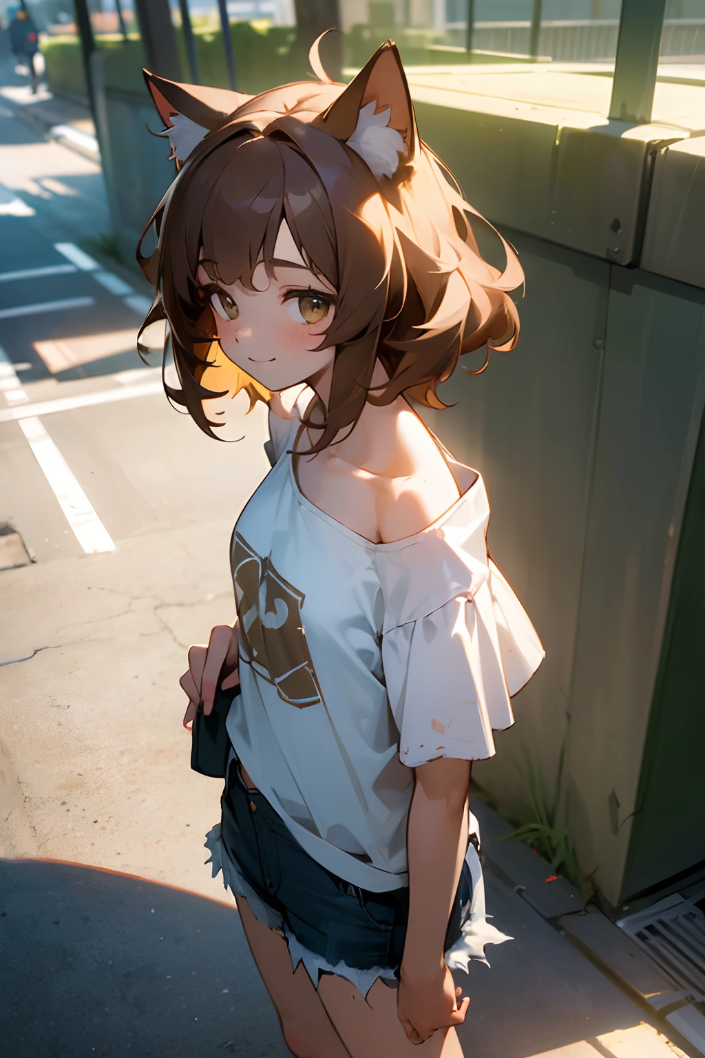 ((Masterpiece)), (High Definition:1.3), (Professional Photography:1.2), best quality, 8K, Textured skin, cinematic lighting, 1girl, wide-shot, (Cute innocent teenage girl), very messy medium hair, Wearing hiphop-style shirt, (exposed shoulder), smile, cat ears, pale brown hair, summer day, (cool standing on the dirty street)