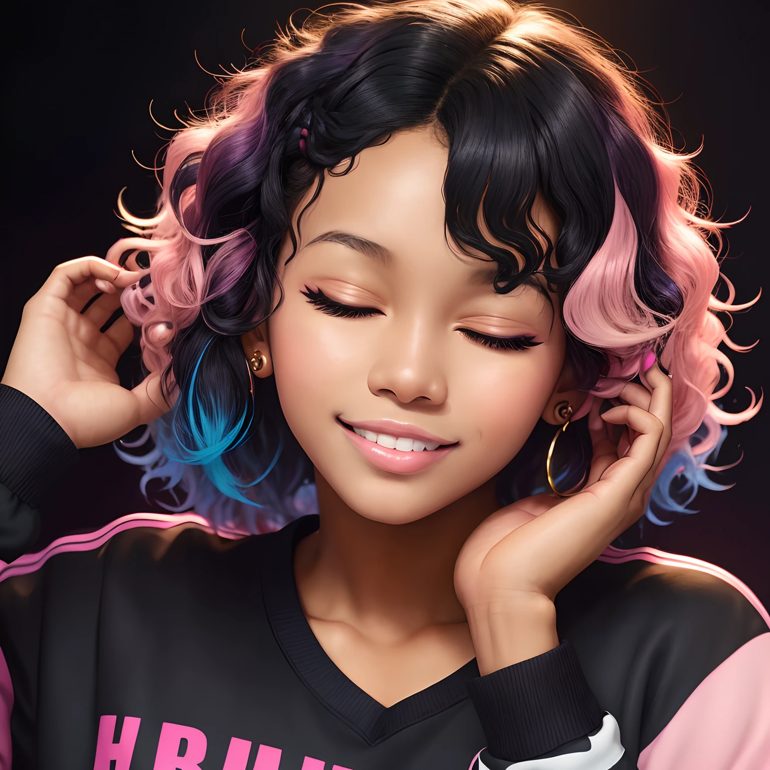 girl, colorful hair, wavy hair, anime style, digital art, happy, eyes lightly closed, hands up, light pink sweatshirt with Neymar Jr print, dark skin female, vibrant colors, soft lighting, Black K-pop style girl posing for a professional photo shoot hd model poses photo