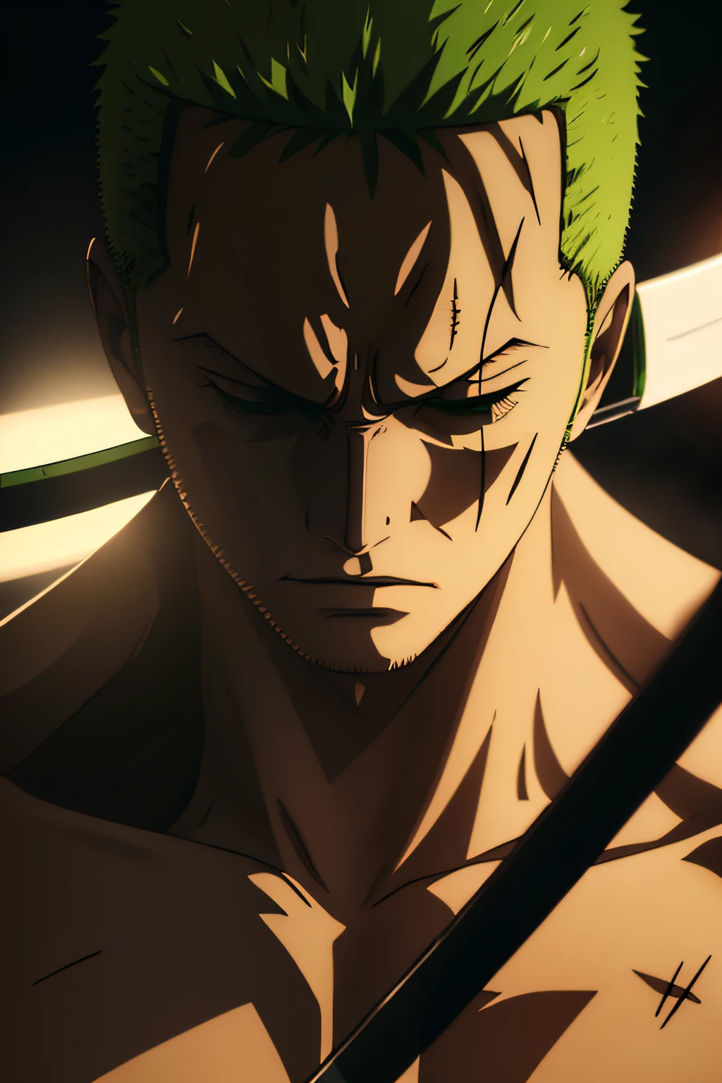 A close-up anime-style image of Roronoa Zoro , ready to fight. A Zoro with a determined expression on his face. A Zoro with his signature three swords. A Zoro in a dramatic pose. A dramatic, backlit lighting. A light source that creates shadows on Zoro's face. A light source that highlights the swords. A low-angle shot that makes Zoro look larger than life. A close-up shot that focuses on Zoro's face. A wide-angle shot that shows the swords. without beard, A scar on Zoro's left eye that is a reminder of his determination and strength, with the eye closed