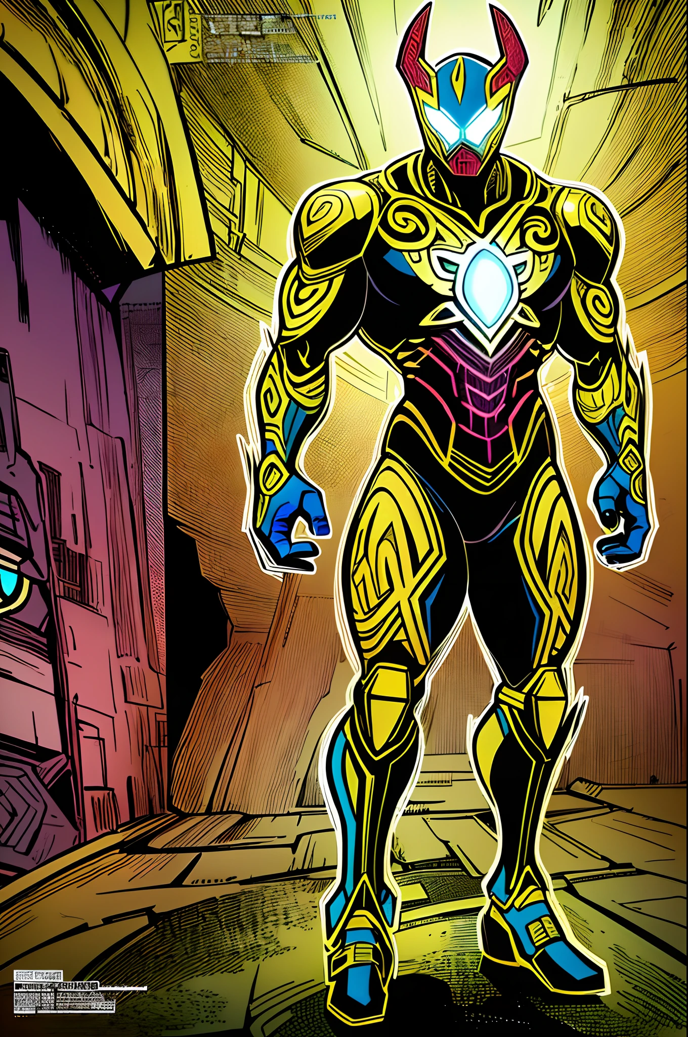 weird edgy superhero, standing, solo, full body, dark, mysterious, surreal, powerful, dramatic lighting, intense colors, comic book style, 60s,methurlant intricate surreal gritty atmospheric cinematic stylized contrast comic eerie cybernetic futuristic
