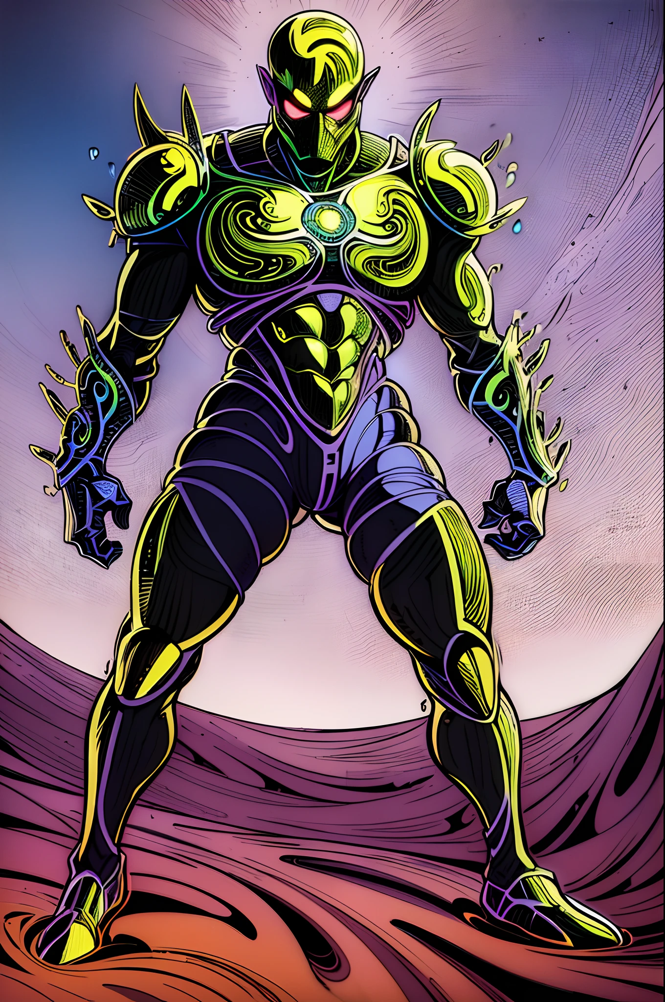 weird edgy superhero, standing, solo, full body, dark, mysterious, surreal, powerful, dramatic lighting, intense colors, comic book style, 60s,methurlant intricate surreal gritty atmospheric cinematic stylized contrast comic eerie cybernetic futuristic