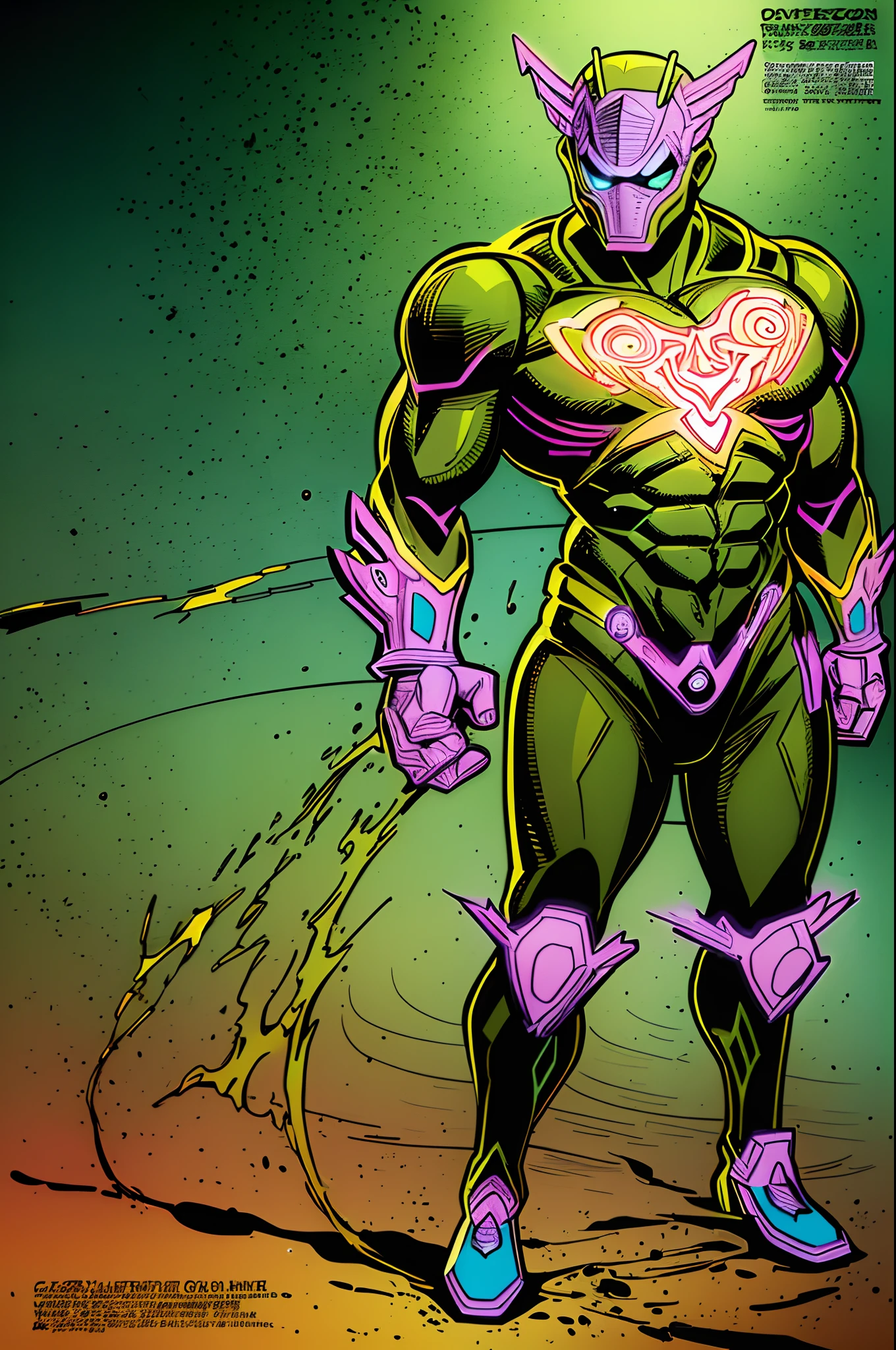 weird edgy superhero, standing, solo, full body, dark, mysterious, surreal, powerful, dramatic lighting, intense colors, comic book style, 60s,methurlant intricate surreal gritty atmospheric cinematic stylized contrast comic eerie cybernetic futuristic