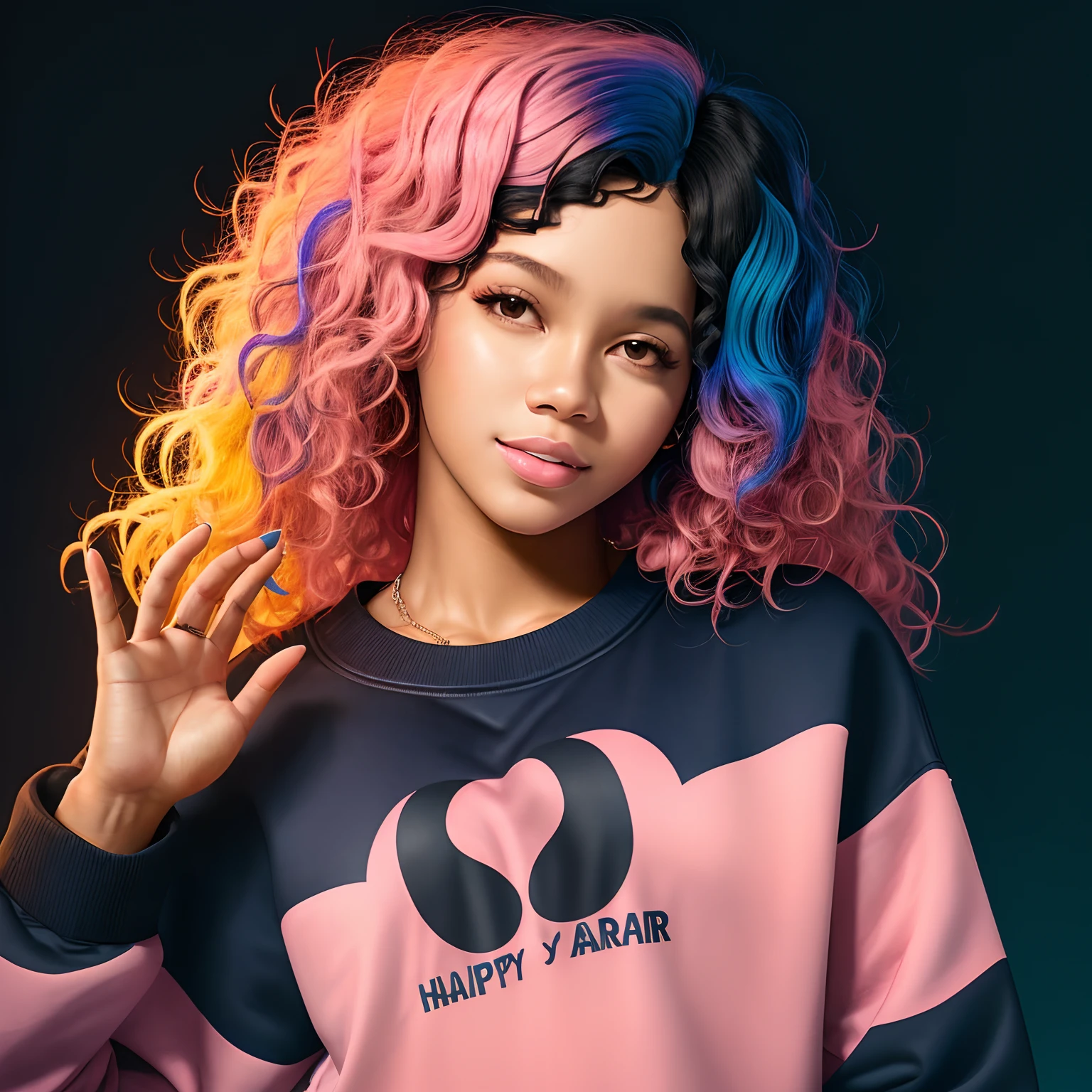 girl, colorful hair, wavy hair, anime style, digital art, happy, hands up, light pink sweatshirt with Neymar Jr print, dark skin female, vibrant colors, soft lighting, Black K-pop style girl posing for a professional photo shoot hd model poses photo