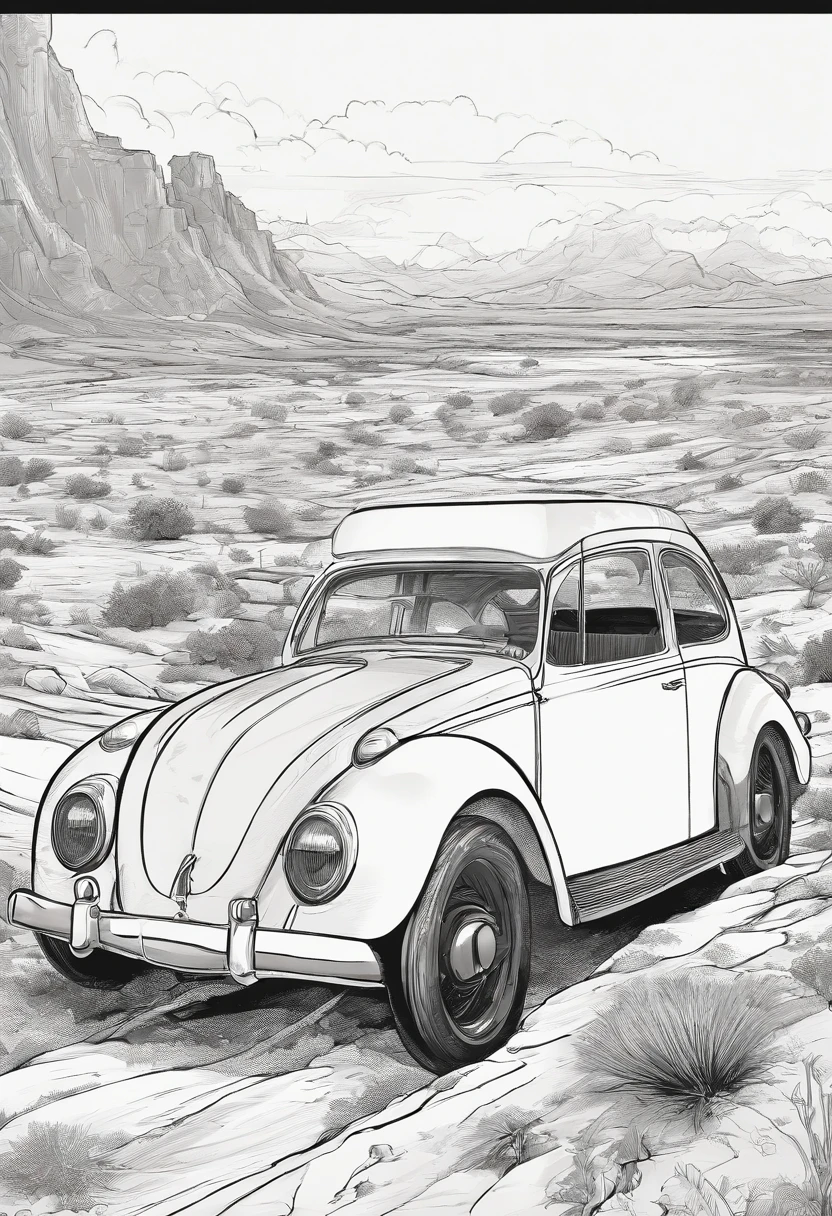 a car in desert, black and white