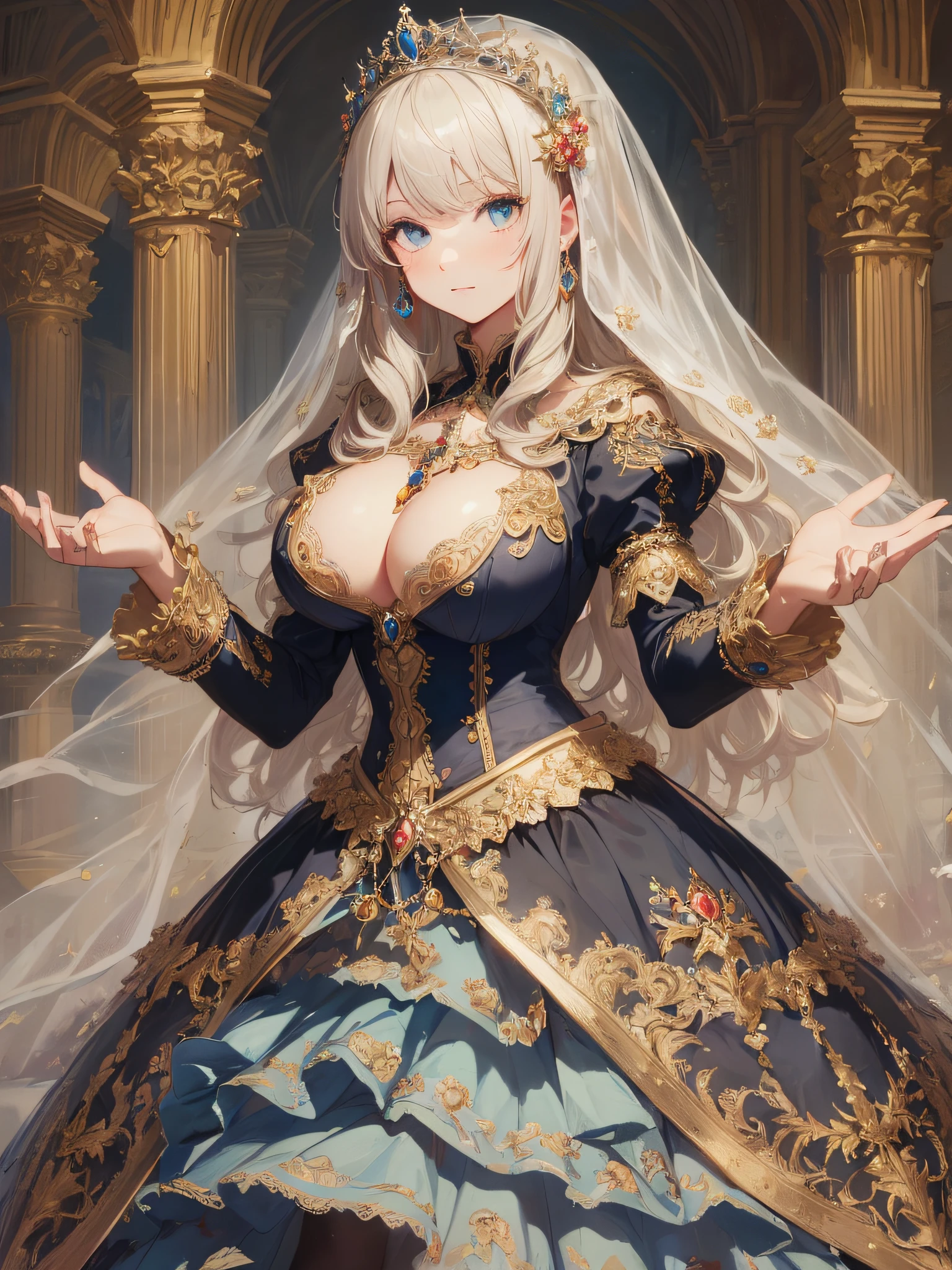 ((anime artstyle)),(Masterpiece),(Best Quality), (Super Detail),((Very Delicate and Beautiful)),cinematic lighting,1 girl,(((full body portrait))),standing in palace,((solo)),digital art,(((1 princess in beautiful embroidery and jeweledgorgeous princess rococo ballgown with voluminous full length hoop skirt))),crinoline,long train,((beautiful embroidery and jeweled)),voluminous frills,See-through,(gorgeous embroidery and beautiful lace),(((gigantic tits,skindentation))),((large amount of straight hair,extremely voluminous Hair,Very Long Straight Hair)),((finely detailed face and eyes)),clear pupil,extremely gorgeousfull hair ornament,(bling-bling jeweled extremely gorgeousfull tiara),(bling-bling gorgeous gemstone jewelry),long veil,(beautiful background),full body,((gorgeous princess rococo ballgown with voluminous full length hoop skirt))