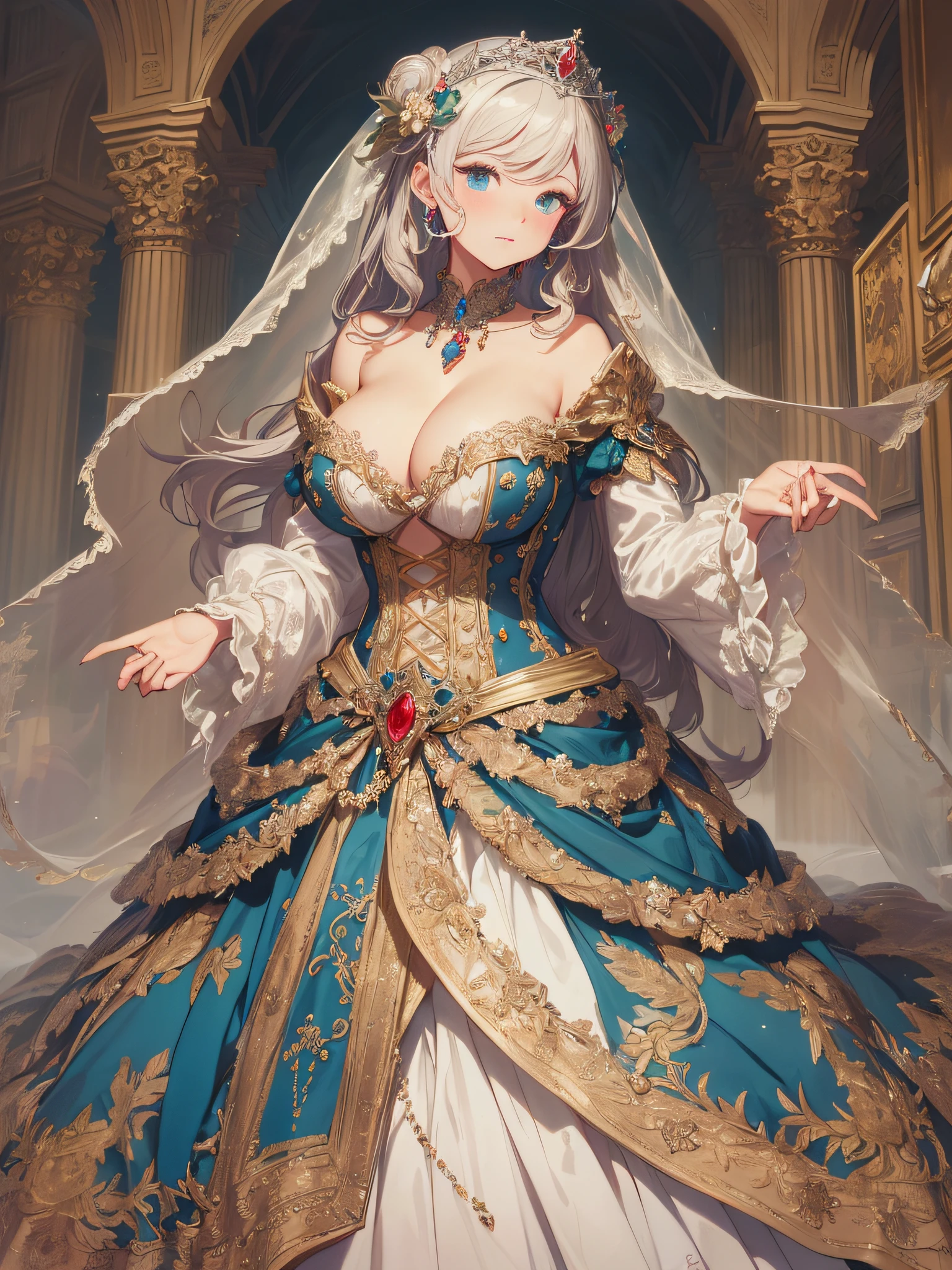 ((anime artstyle)),(Masterpiece),(Best Quality), (Super Detail),((Very Delicate and Beautiful)),cinematic lighting,1 girl,(((full body portrait))),standing in palace,((solo)),digital art,(((1 princess in beautiful embroidery and jeweledgorgeous princess rococo ballgown with voluminous full length hoop skirt))),crinoline,long train,((beautiful embroidery and jeweled)),voluminous frills,See-through,(gorgeous embroidery and beautiful lace),(((gigantic tits,skindentation))),((large amount of straight hair,extremely voluminous Hair,Very Long Straight Hair)),((finely detailed face and eyes)),clear pupil,extremely gorgeousfull hair ornament,(bling-bling jeweled extremely gorgeousfull tiara),(bling-bling gorgeous gemstone jewelry),long veil,(beautiful background),full body,((gorgeous princess rococo ballgown with voluminous full length hoop skirt))