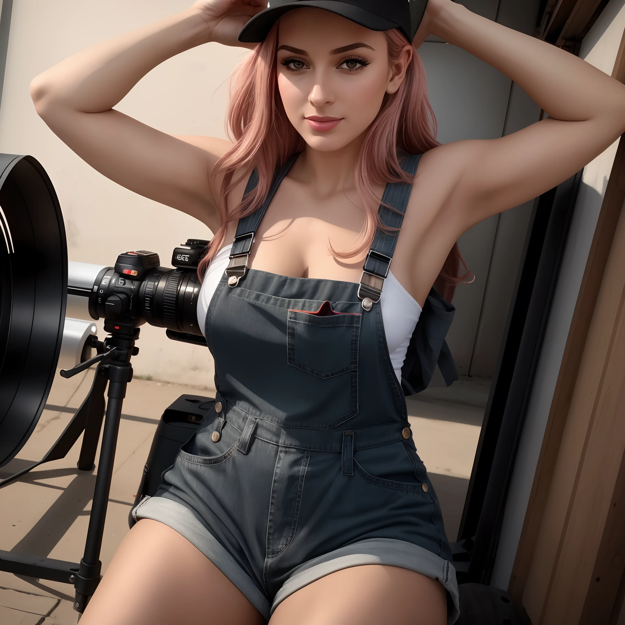 obra-prima, 8k, papel de parede, (detalhado), mulher bonita(solo), cabelo vermelho escuro, pale skinned, wearing black overalls, pele oleosa, sujo, car mechanic, garagem, ((pele altamente detalhada, detalhes da pele)), foco nítido, 8k uhd, dslr, alta qualidade, grain of film,