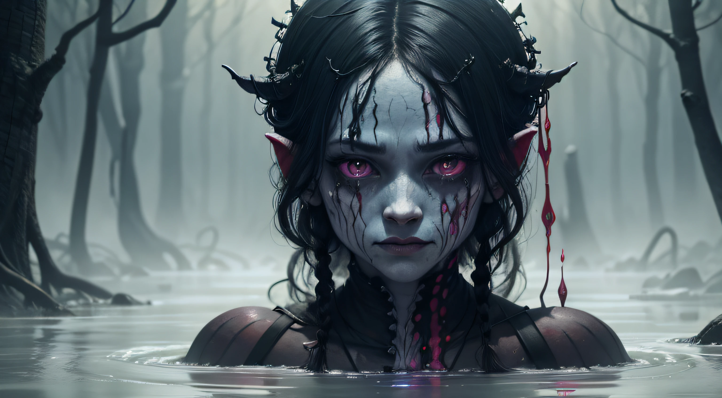 creates horrifying beings, of many colors and with bleeding pigmentation, which takes place in a river next to a forest with dense fog, all in 4k definition