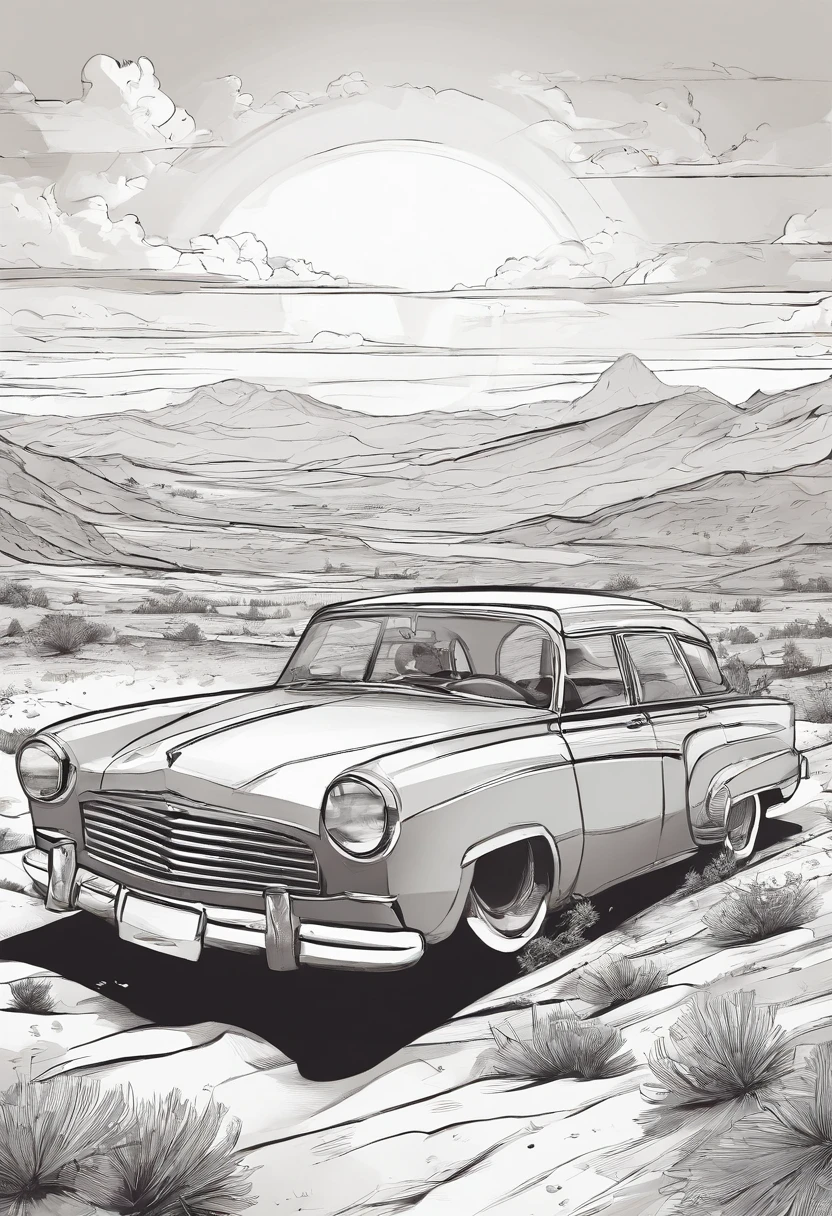 a car in desert, black and white