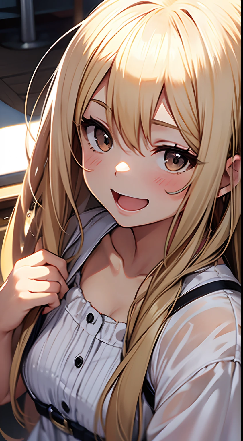 ((Miyuki)) blonde long hair, cute girl, white one piece dress, laughing, close up
