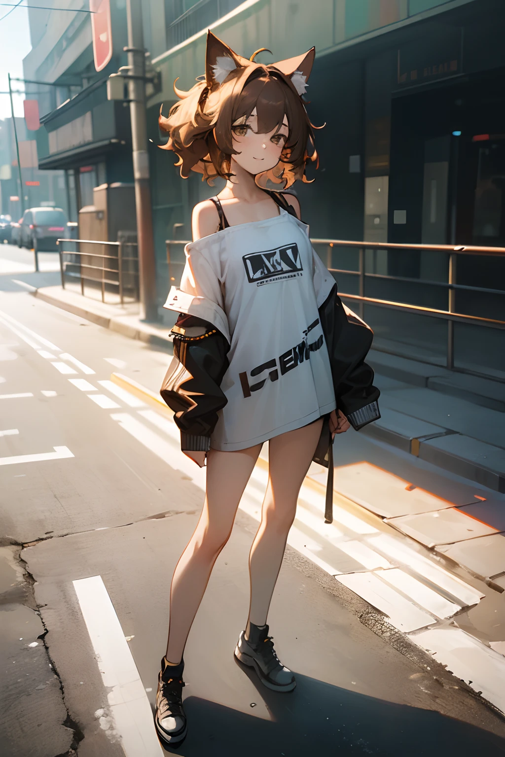 ((Masterpiece)), (High Definition:1.3), (Professional Photography:1.2), best quality, 8K, Textured skin, cinematic lighting, 1girl, wide-shot, (Cute innocent age girl), very messy medium hair, Wearing hiphop-style oversized shirt, (exposed shoulder), smile, cat ears, pale brown hair, ( standing legs wide on the dirty street)