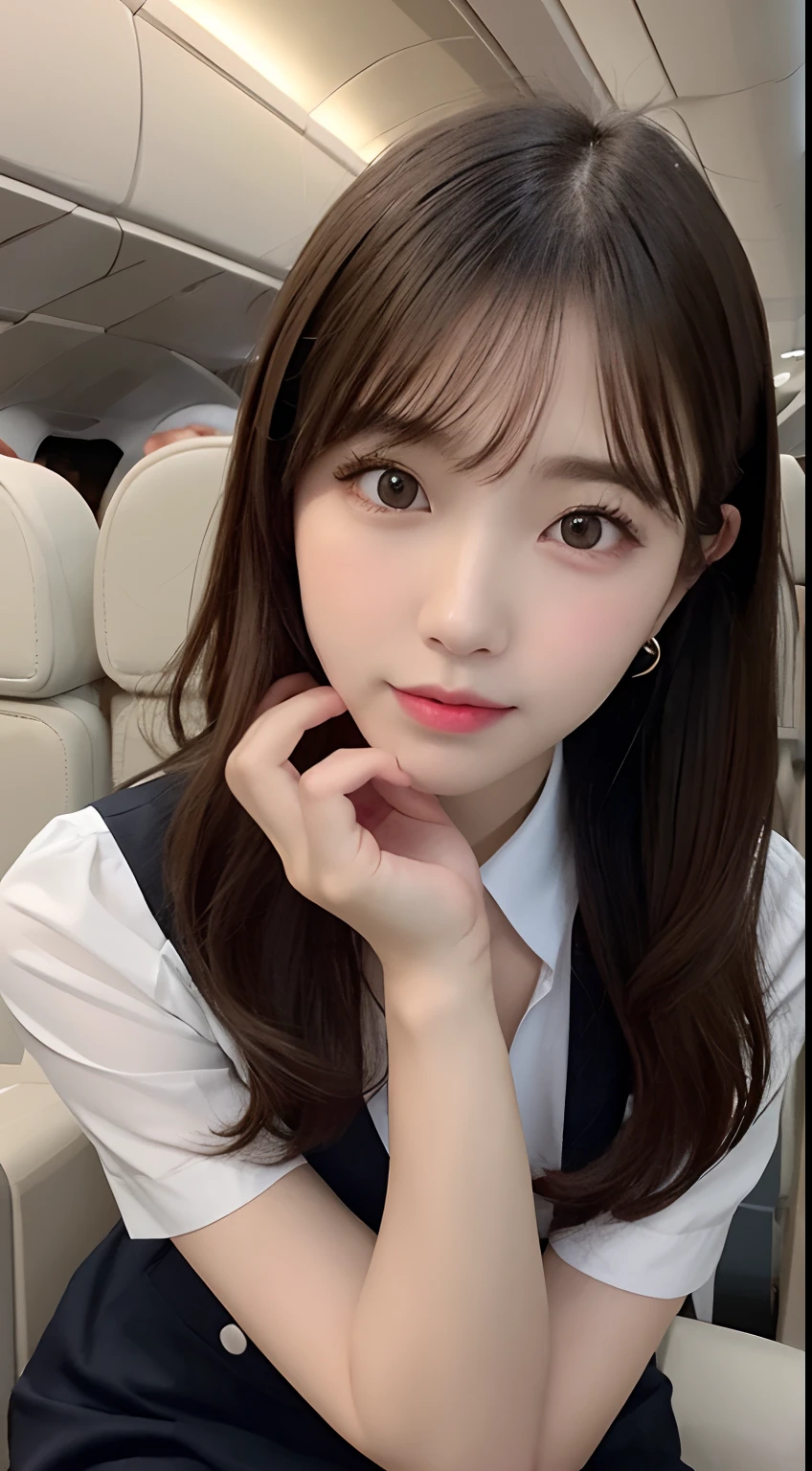 masutepiece, Best Quality, Illustration, Ultra-detailed, finely detail, hight resolution, 8K Wallpaper, Perfect dynamic composition, Beautiful detailed eyes,waved hair,small tits、Natural Color Lip, Bold sexy poses,20 years girl、Cute、The viewer's point of view is on the viewer's side、up of face、Sexy face,high-heels, Stewardess uniform、Look at viewers、(Inside the plane:1.2)、front-facing view、Shoulder、Absolute area(1.3)、KPOP Idol Face,Cute,beauty legs