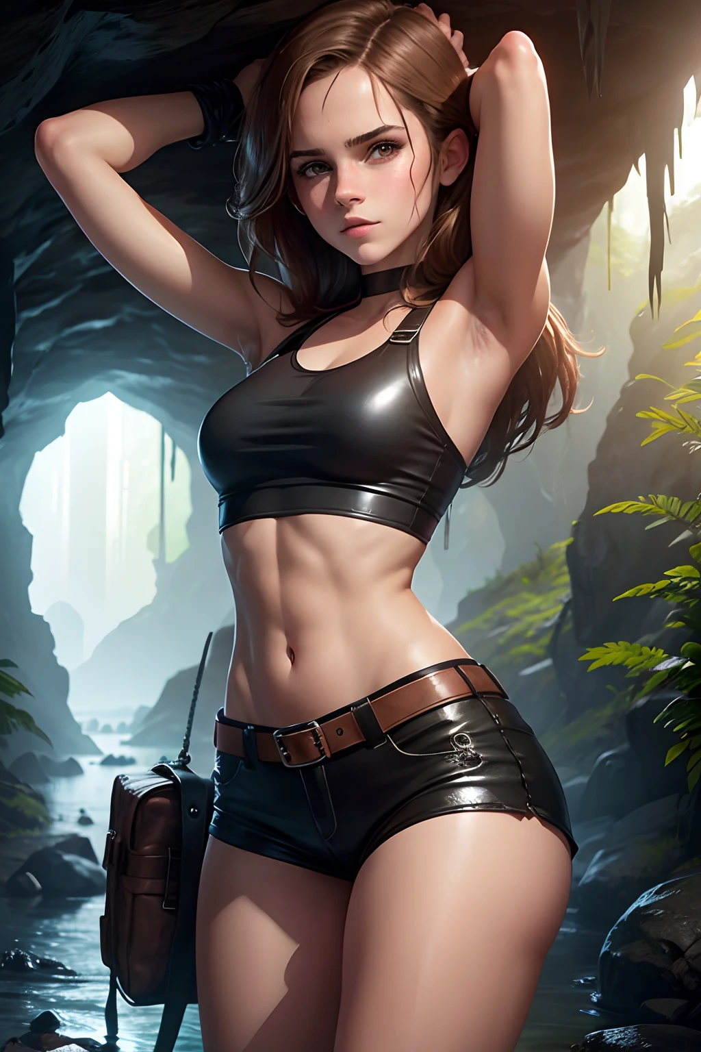 teen Emma Watson as a sexy Lara Croft inside a cavern. leather shorts, crop top. slender body. creek.