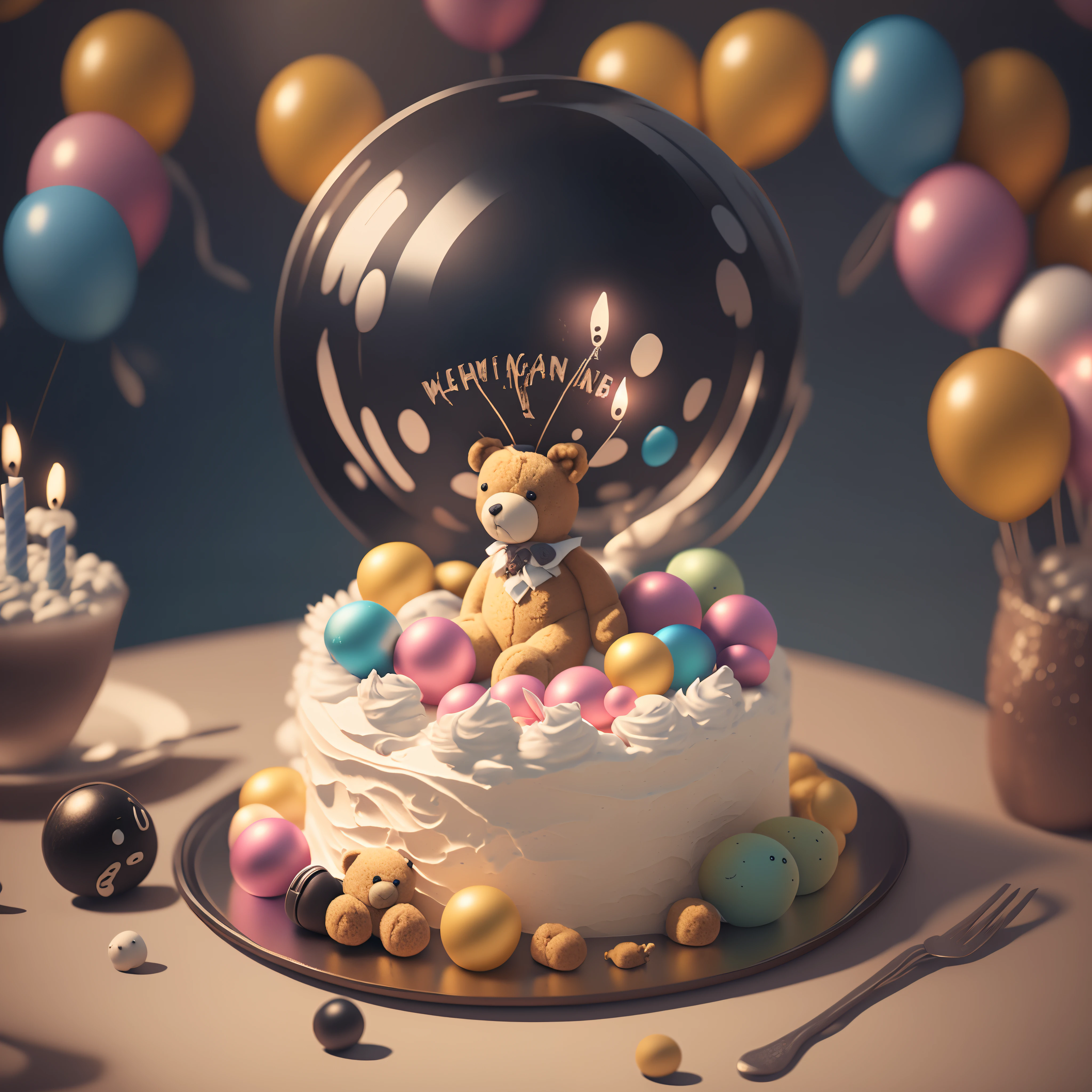 there is a cake with a teddy bear on top of it, rendered in cinema 4 d, rendered in cinema4d, cinema 4d cinematic render, cinema 4d render, cinema 4 d render, cinema4d render, rendered in cinema 4 d octane, rendered in octane render, 3 d render beeple, ultra realistic 3d illustration