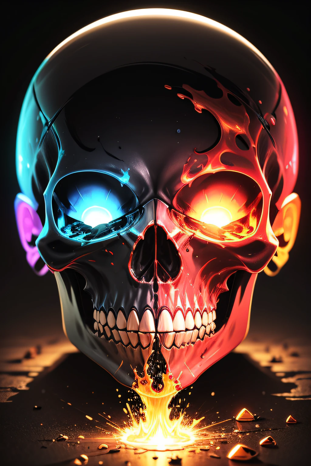 illustration of a colorfull melting human skull. flowers and blossoms, ferrofluids, burning water distortions. intricate abstract. intricate artwork. by tooth wu, wlop, beeple, dan mumford. octane render, trending on artstation, greg rutkowski very coherent symmetrical artwork. cinematic, hyper realism, high detail, octane render, 8 k, depth of field, bokeh. iridescent accents