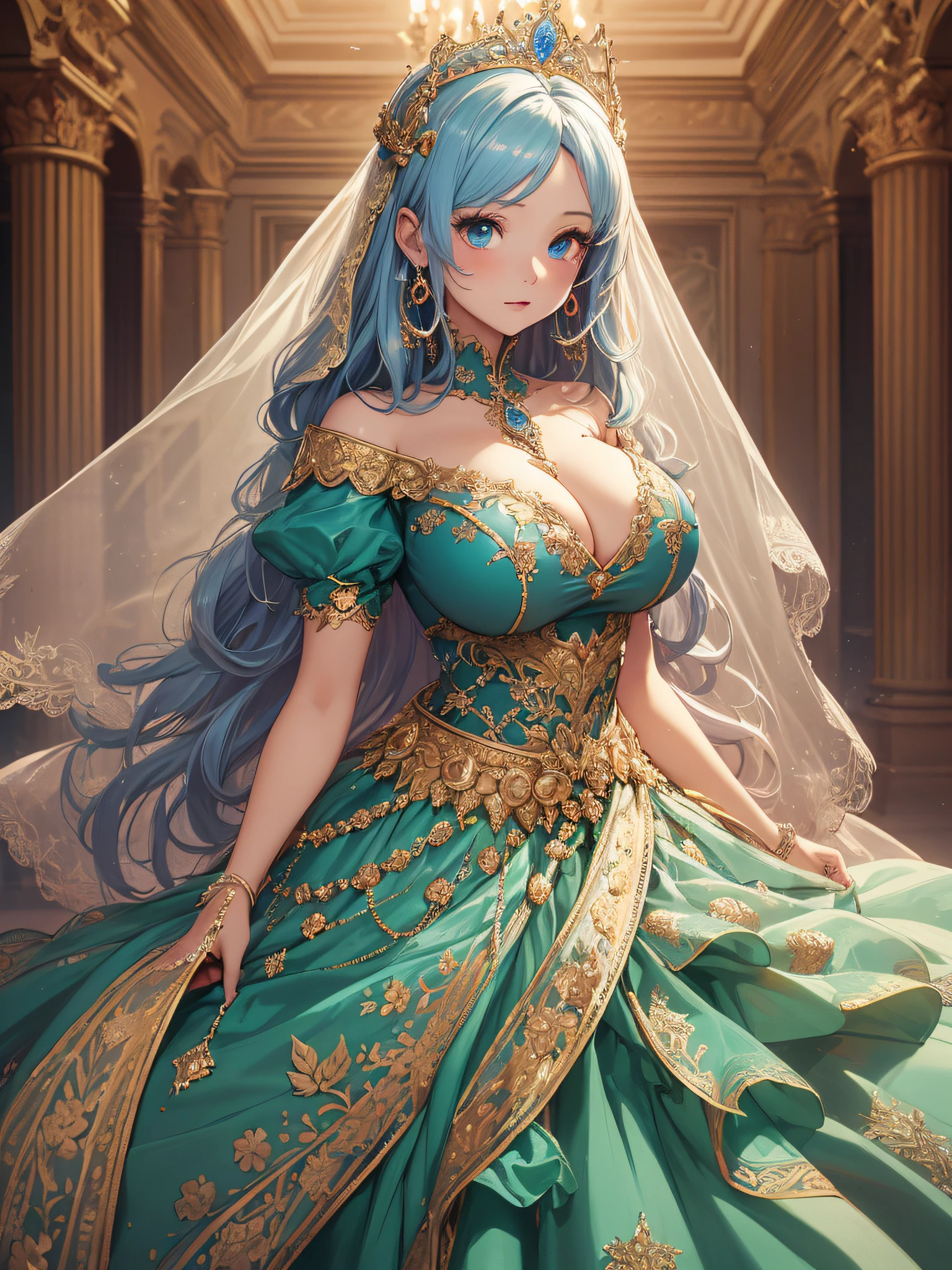 ((anime artstyle)),(Masterpiece),(Best Quality), (Super Detail),((Very Delicate and Beautiful)),cinematic lighting,1 girl,(((full body portrait))),standing in palace,((solo)),digital art,(((1 princess in beautiful embroidery and jeweled gorgeous princess rococo ballgown with voluminous full length hoop skirt))),crinoline,long train,((beautiful embroidery and jeweled)),voluminous frills,See-through,(gorgeous embroidery and beautiful lace),(((gigantic tits,skindentation))),((large amount of straight hair,extremely voluminous Hair,Very Long Straight Hair)),((finely detailed face and eyes)),clear pupil,extremely gorgeousfull hair ornament,(bling-bling jeweled extremely gorgeousfull tiara),(bling-bling gorgeous gemstone jewelry),long veil,(beautiful background),full body,((gorgeous princess rococo ballgown with voluminous full length hoop skirt))