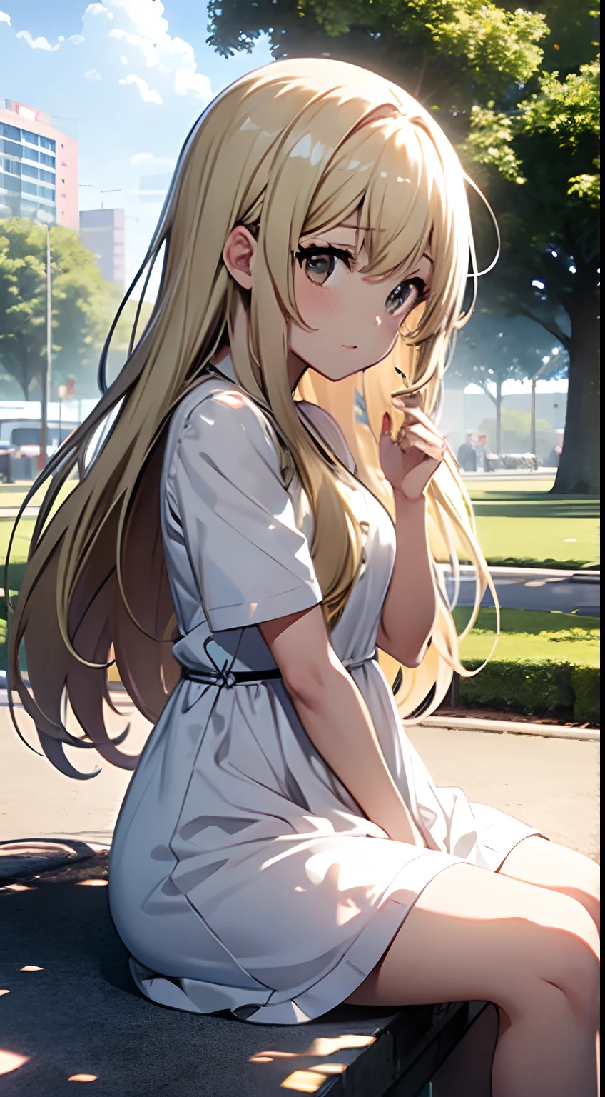 ((Miyuki)) blonde long hair, cute girl, white one piece dress, sitting at park