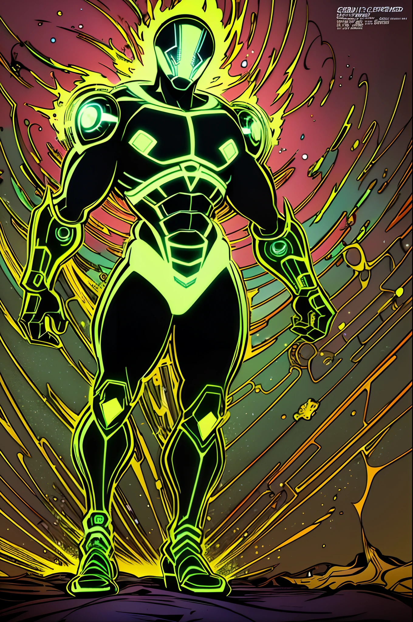 superhero, standing, solo, full body, dark, mysterious, surreal, powerful, dramatic lighting, intense colors, comic book style, 60s,methurlant intricate surreal gritty atmospheric cinematic stylized contrast comic eerie cybernetic futuristic