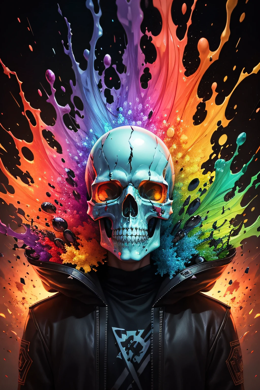 a highly realistic, multi-colored and detailed glass skull shatters in a stunning explosion of color