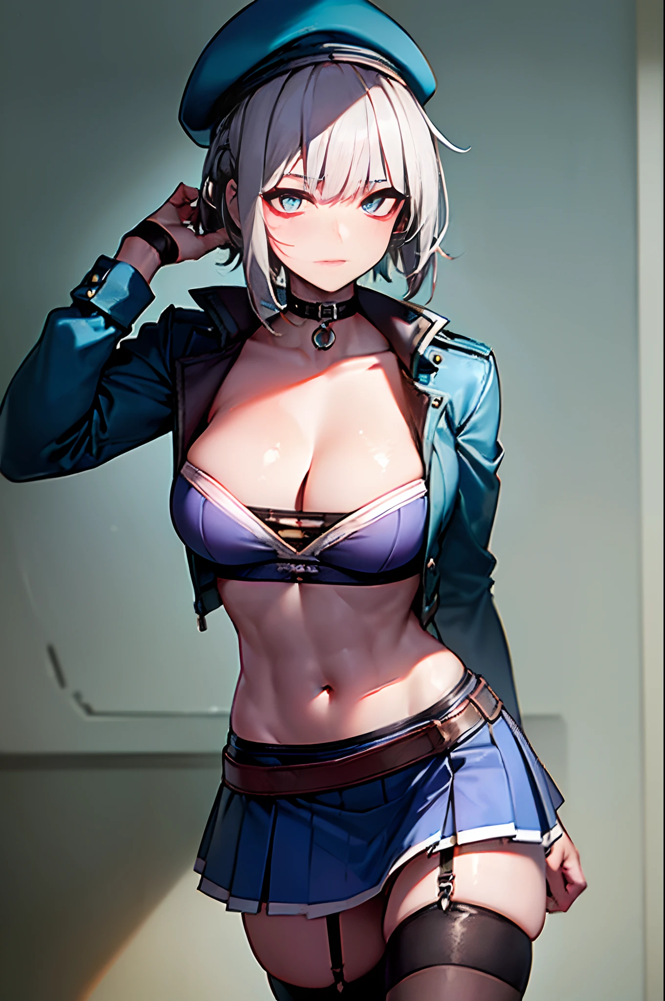 (Best quality, highest resolution, 8k, 1 girl, solo), masculine girl, muscular body, (gray hair, blue fringes, short hair, beret, scars on face, tattered clothes, emerald eyes), V-neck, blue jacket, long skirt, large breasts, moon,sea, dim lighting, powerful look, cold expression, stockings