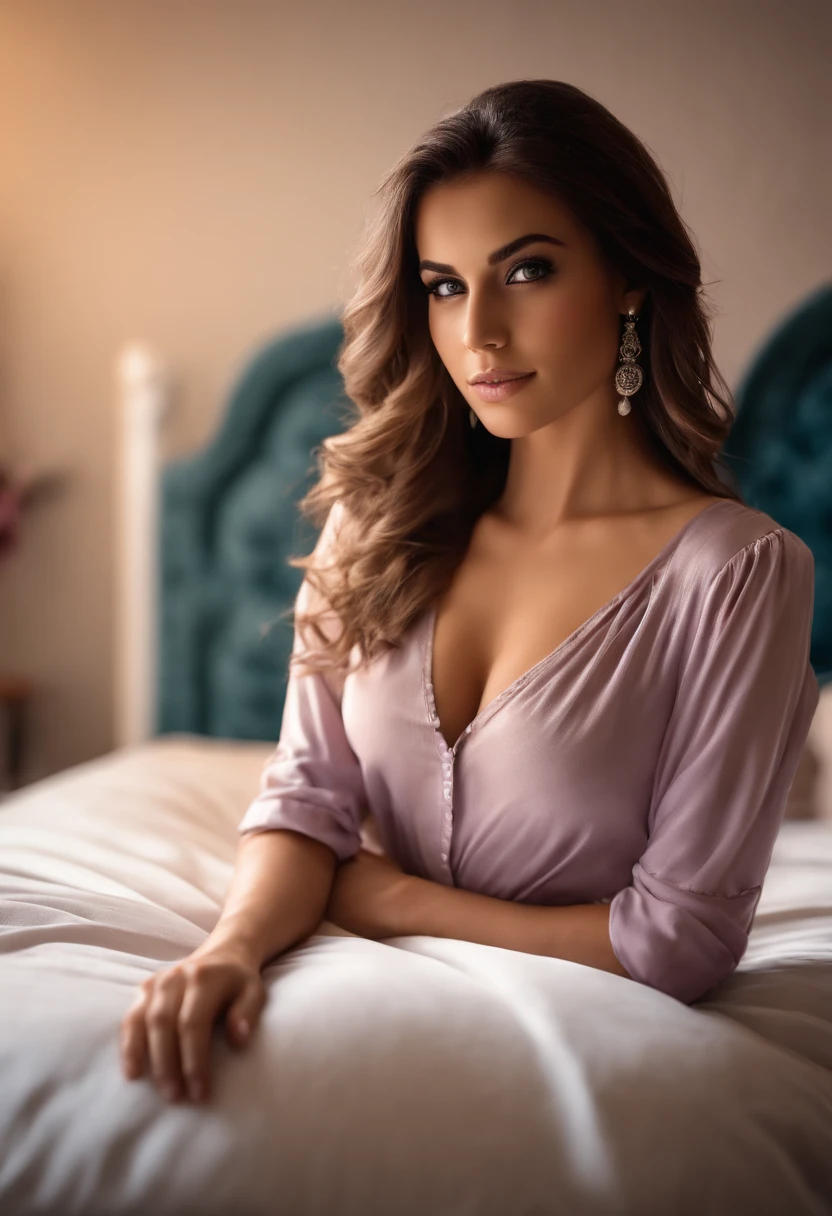arafed woman fully , sexy girl with brown eyes, ultra realistic, meticulously detailed, brown hair and large eyes, selfie of a young woman, dubai eyes, violet myers, without makeup, natural makeup, looking directly at the camera, face with artgram, subtle makeup, stunning full body shot kneeling on bed, in bedroom, medium to large size bust