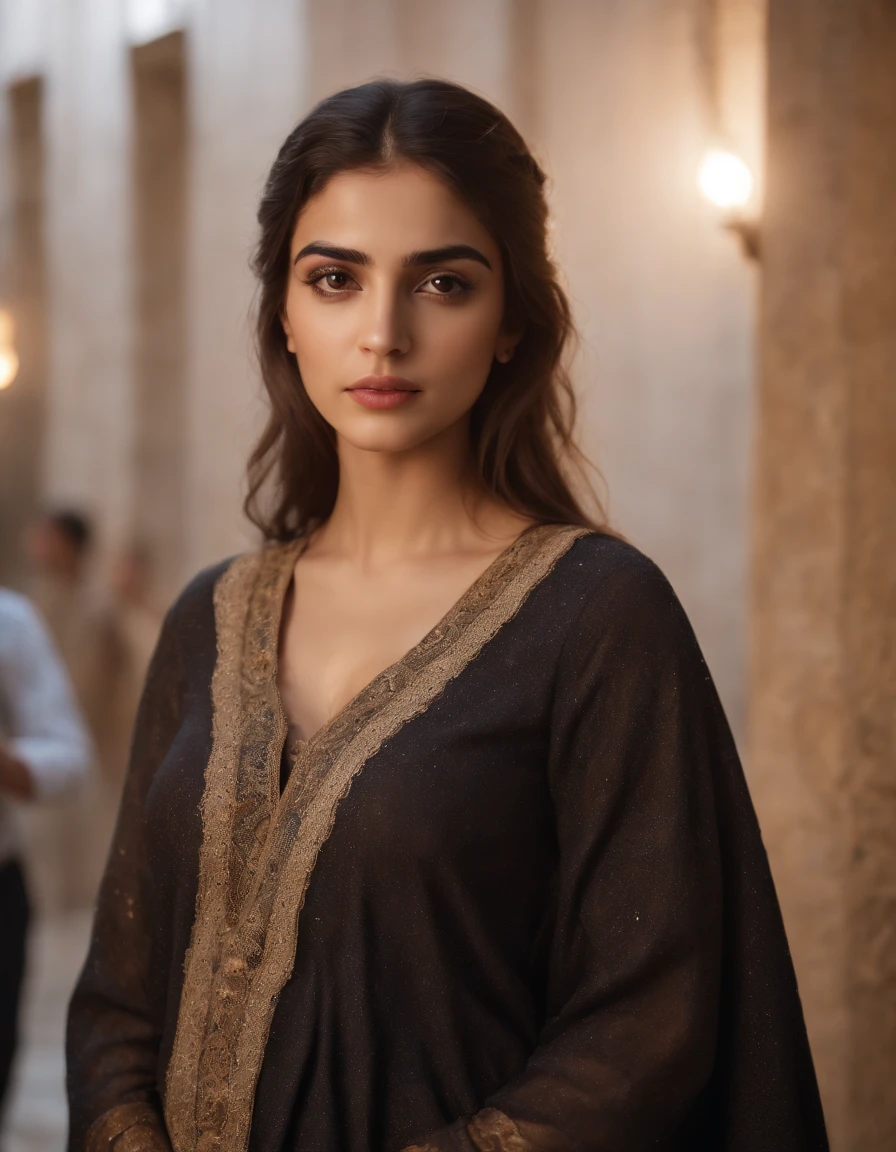 (Best quality, 8K, Masterpiece :1.3), busty Realistic and detailed portrait of an Iraqi girl,18 years old, attractive, wearing long tunic, dishdasha, the kaffiyeh, night event
