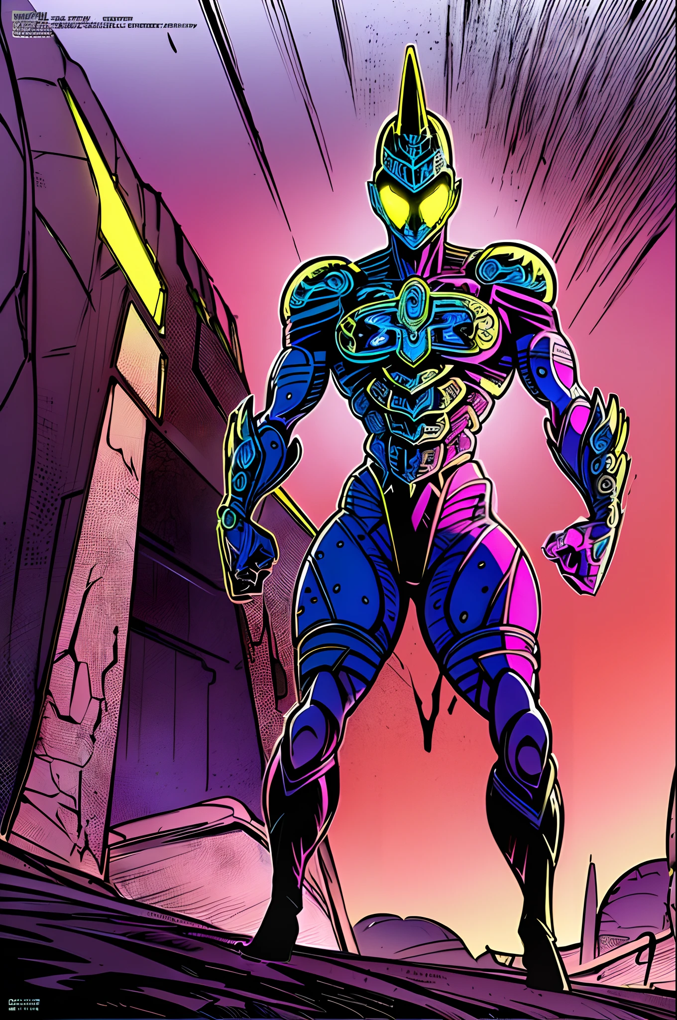weird edgy superhero, standing, solo, full body, dark, mysterious, surreal, powerful, dramatic lighting, intense colors, comic book style, 60s,methurlant intricate surreal gritty atmospheric cinematic stylized contrast comic eerie cybernetic futuristic