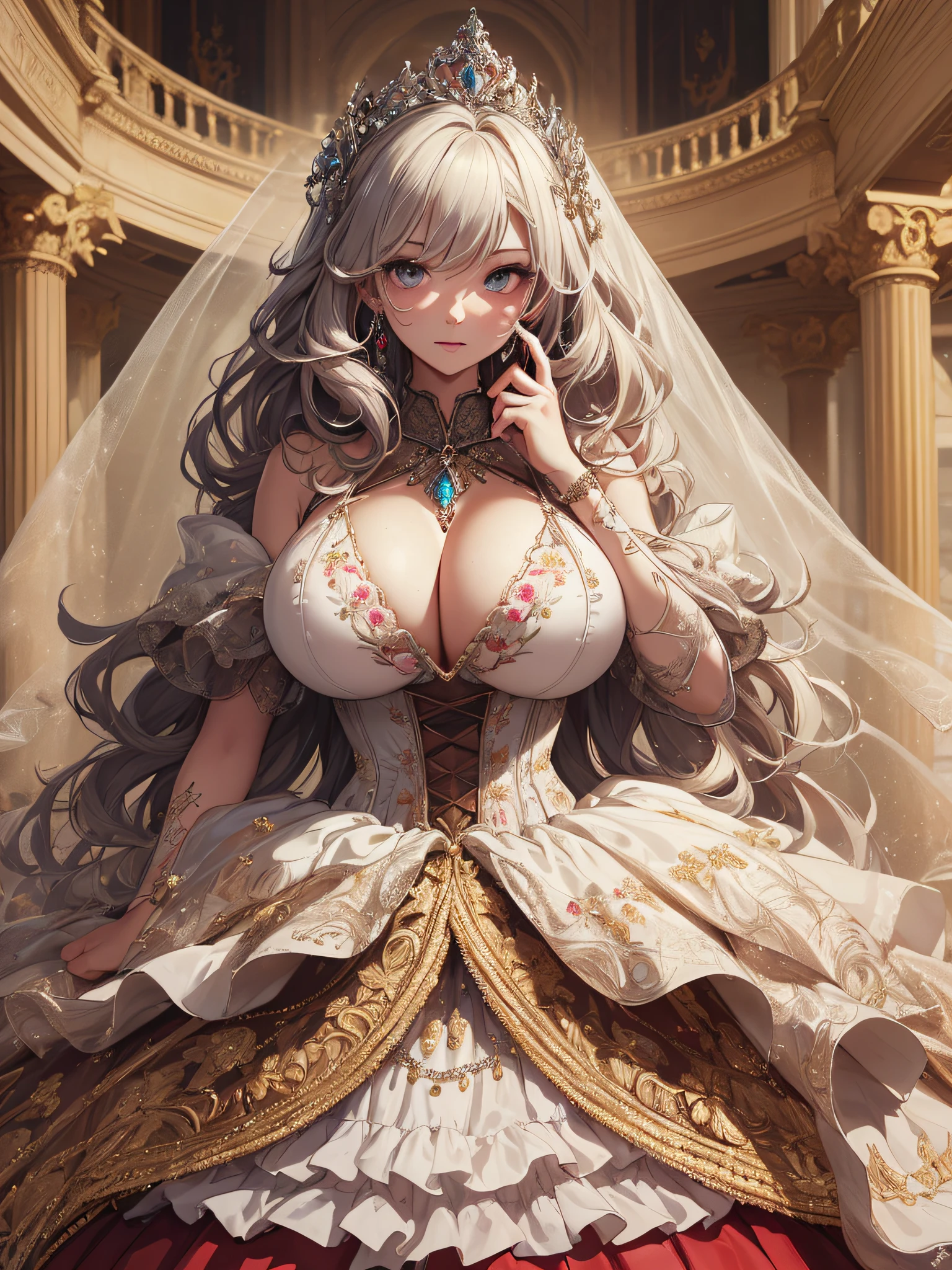 ((anime artstyle)),(Masterpiece),(Best Quality), (Super Detail),((Very Delicate and Beautiful)),cinematic lighting,1 girl,(((full body portrait))),standing in palace,((solo)),digital art,(((1 princess in beautiful embroidery and jeweled gorgeous princess rococo ballgown with voluminous full length hoop skirt))),crinoline,long train,((beautiful embroidery and jeweled)),voluminous frills,See-through,(gorgeous embroidery and beautiful lace),(((gigantic tits,skindentation))),((large amount of straight hair,extremely voluminous Hair,Very Long Straight Hair)),((finely detailed face and eyes)),clear pupil,extremely gorgeousfull hair ornament,(bling-bling jeweled extremely gorgeousfull tiara),(bling-bling gorgeous gemstone jewelry),long veil,(beautiful background),full body,((gorgeous princess rococo ballgown with voluminous full length hoop skirt))