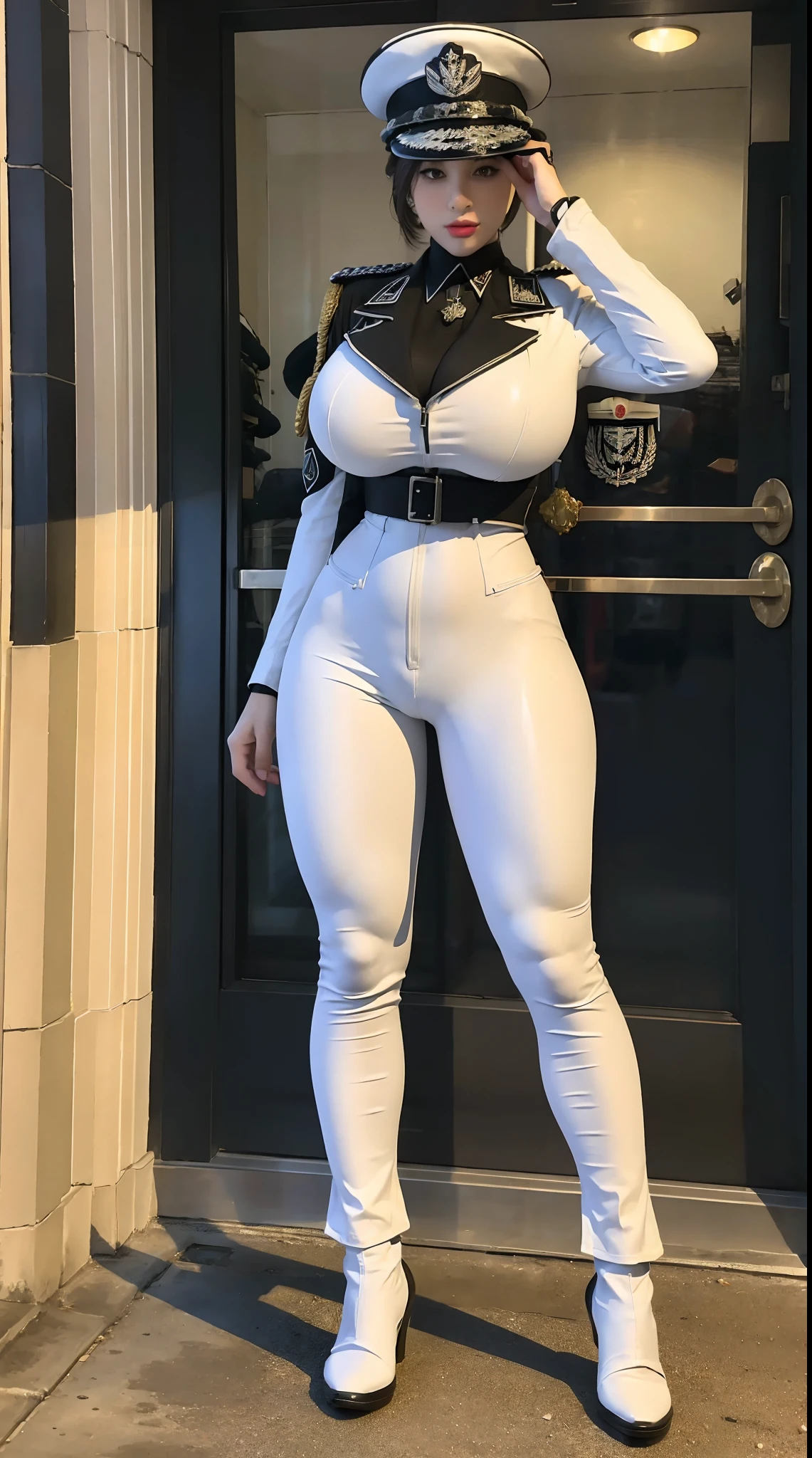 physically-based rendering, 1girl, Female soldier, (huge fake breasts:1.2), (street city), sexy muscular body, slim waist, big buttocks, (Full body:1.3), walking, skintight white army pants, (white military uniform).