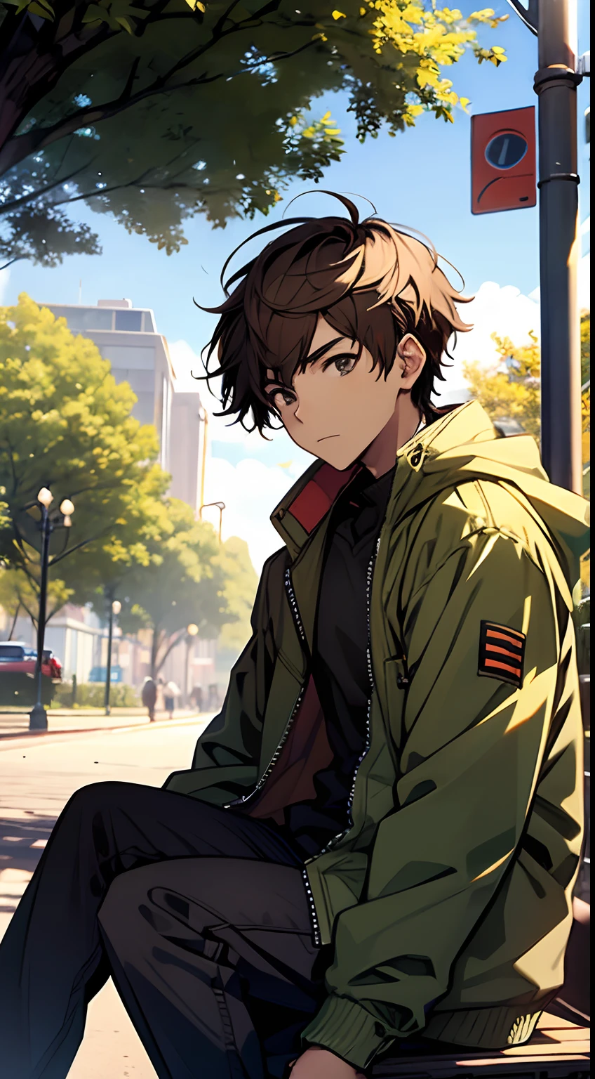 (Satoshi)) brown short hair, guy, street, green jacket, sitting at the park