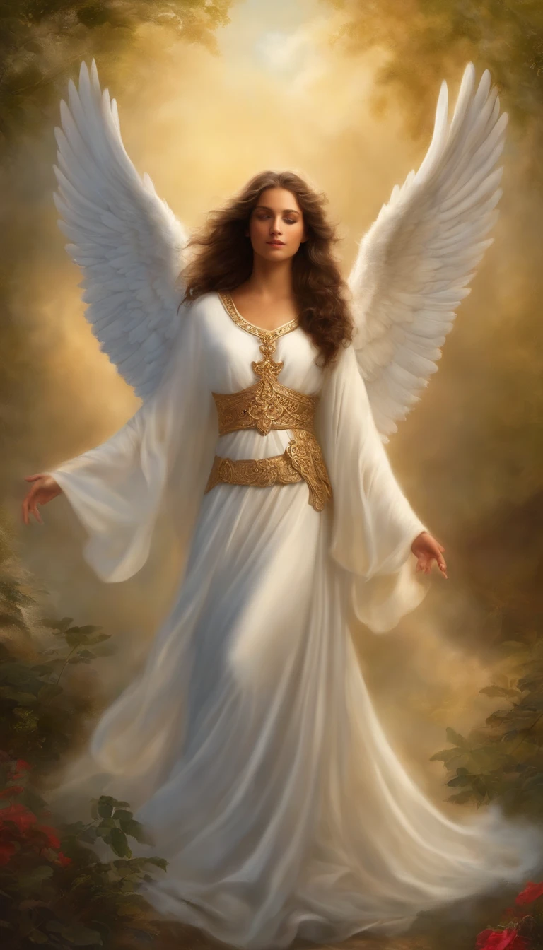 There is a painting of an angel with wings in the sky, Anjo majestoso de corpo inteiro, vestido com roupas brancas e vermelhas, biblical accurate angel, Arcanjo Gabriel, anjo protegendo em guarda, angel spirit guide, angelic, Arcanjo Gabriel, humano alado, epic angel wings, anjo lindo, anjo, being brilliant angelic, angelic, Tema de anjo, Alto Anjo tiro distante, Biblical setting, anjo guerreiro, with a trumpet in his hand, vestes vermelhas estilo soldado romano, anjo aparentando idade de 40 anos e majestoso