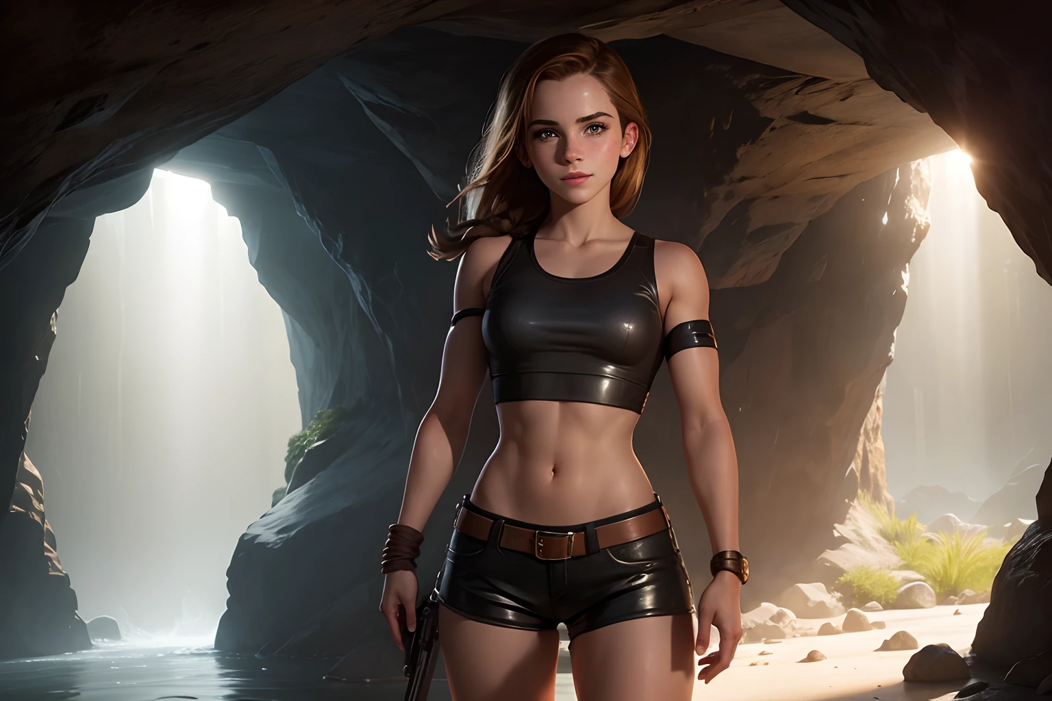 teen Emma Watson as a Lara Croft inside a cavern. leather shorts, crop top. slender body. cute smile. creek.