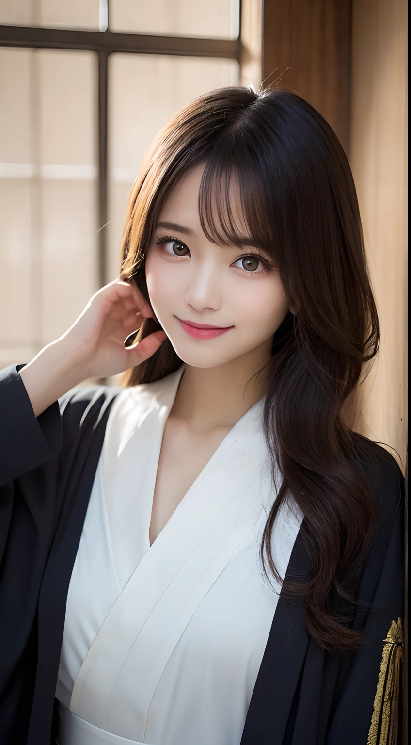 masutepiece, Best Quality, Illustration, Ultra-detailed, finely detail, hight resolution, 8K Wallpaper, Perfect dynamic composition, Beautiful detailed eyes,Miko Hair, small tits, Natural Color Lip, Random and cute poses,Smile,Ise Jingu,Priestess costume,Perfect and beautiful face,slender body,slender face