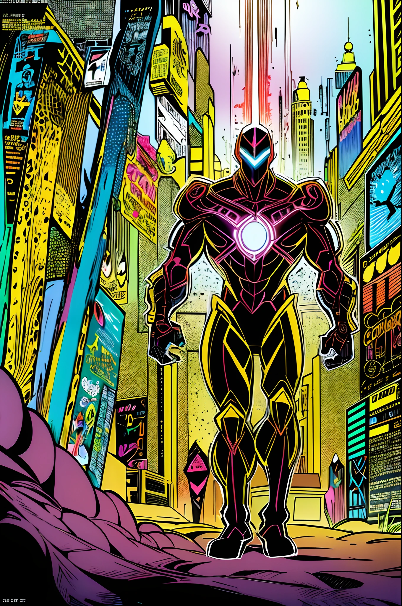weird edgy superhero, standing, solo, full body, dark, mysterious, surreal, powerful, dramatic lighting, intense colors, comic book style, 60s,methurlant intricate surreal gritty atmospheric cinematic stylized contrast comic eerie cybernetic futuristic, eldritch