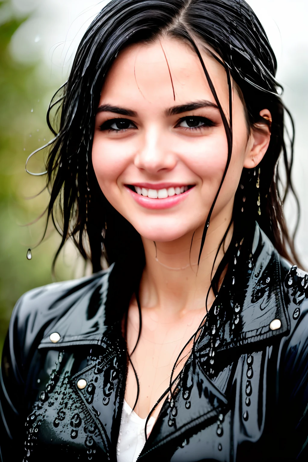 asian woman in black jacket and white shirt smiling, she is wearing a wet coat, pretty girl standing in the rain, covered in water drops, raining portrait, just after rain, wet look, wet hair, closeup portrait shot, wet flowing hair, candid picture, wet dripping hair, glossy from rain, victoria justice, wash off in the rain