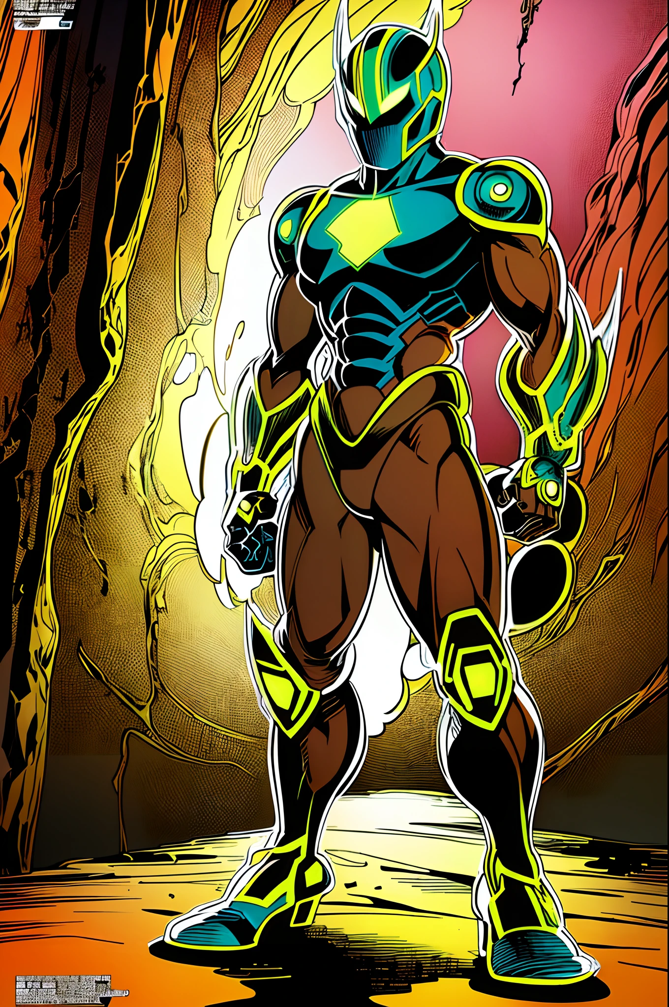weird edgy superhero, standing, solo, full body, dark, mysterious, surreal, powerful, dramatic lighting, intense colors, comic book style, 60s,methurlant intricate surreal gritty atmospheric cinematic stylized contrast comic eerie cybernetic futuristic, bizzare,
